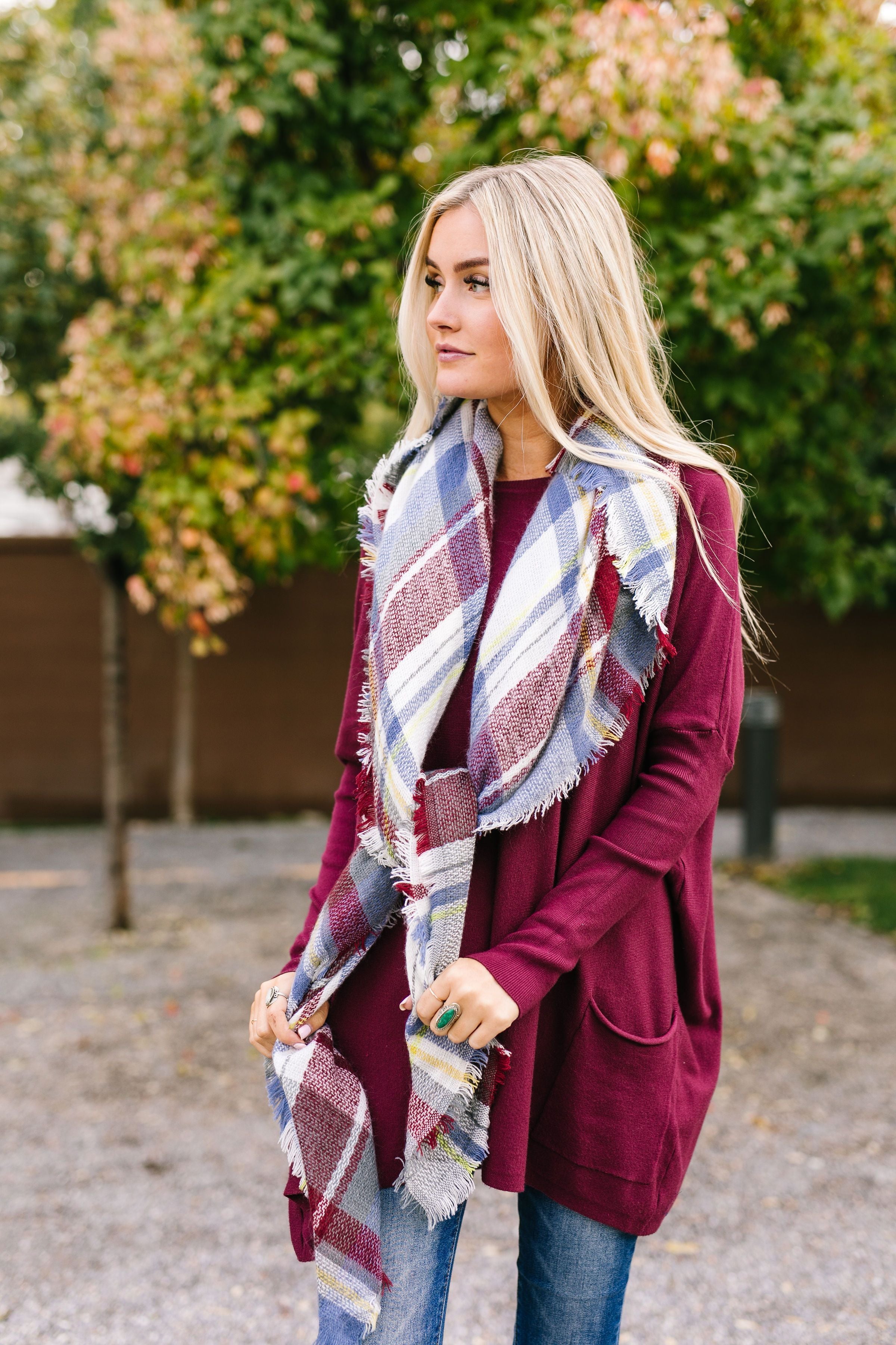 Frayed & Fringed Scarf In Burgundy + Blue