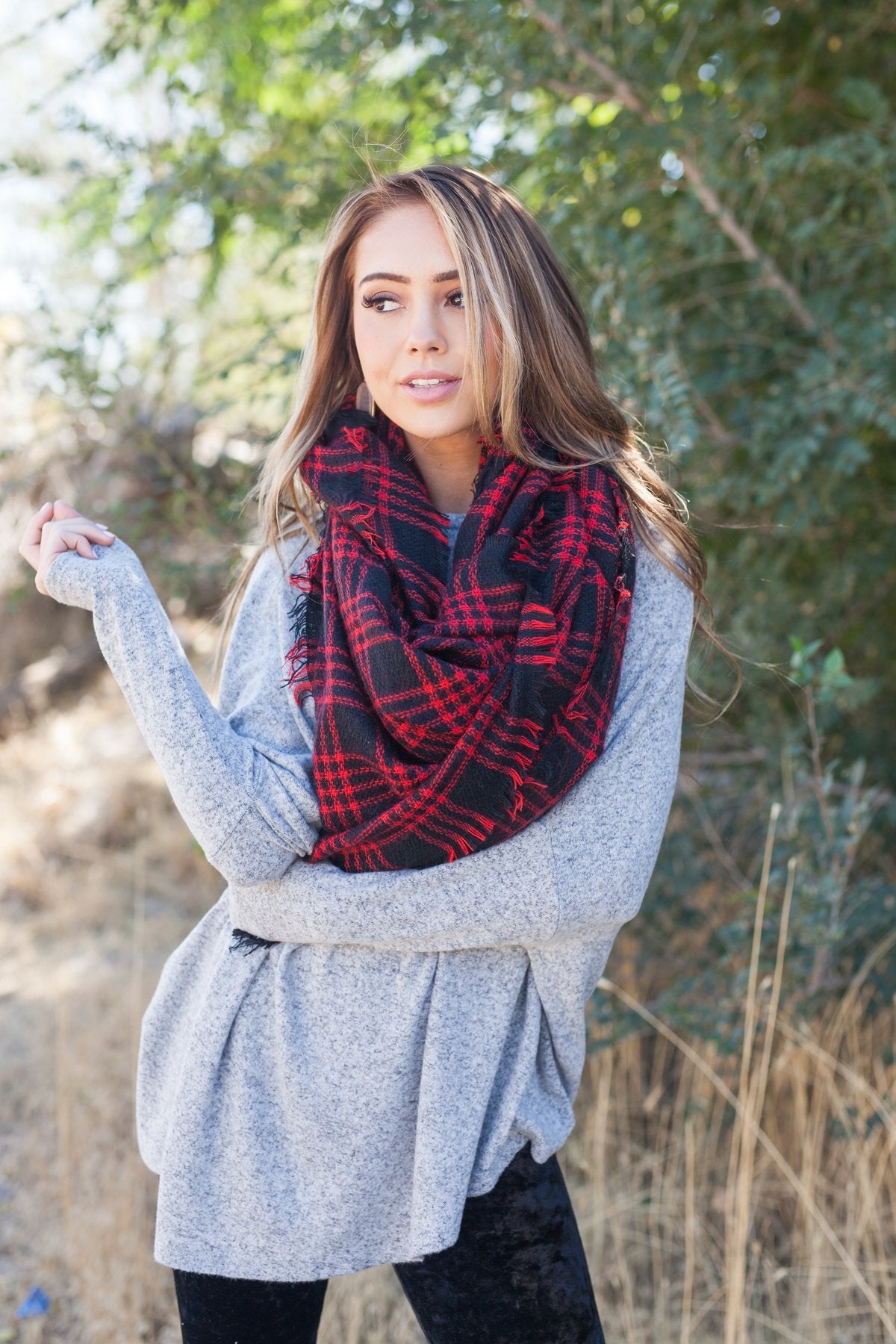 Frayed & Fringed Scarf In Red + Black