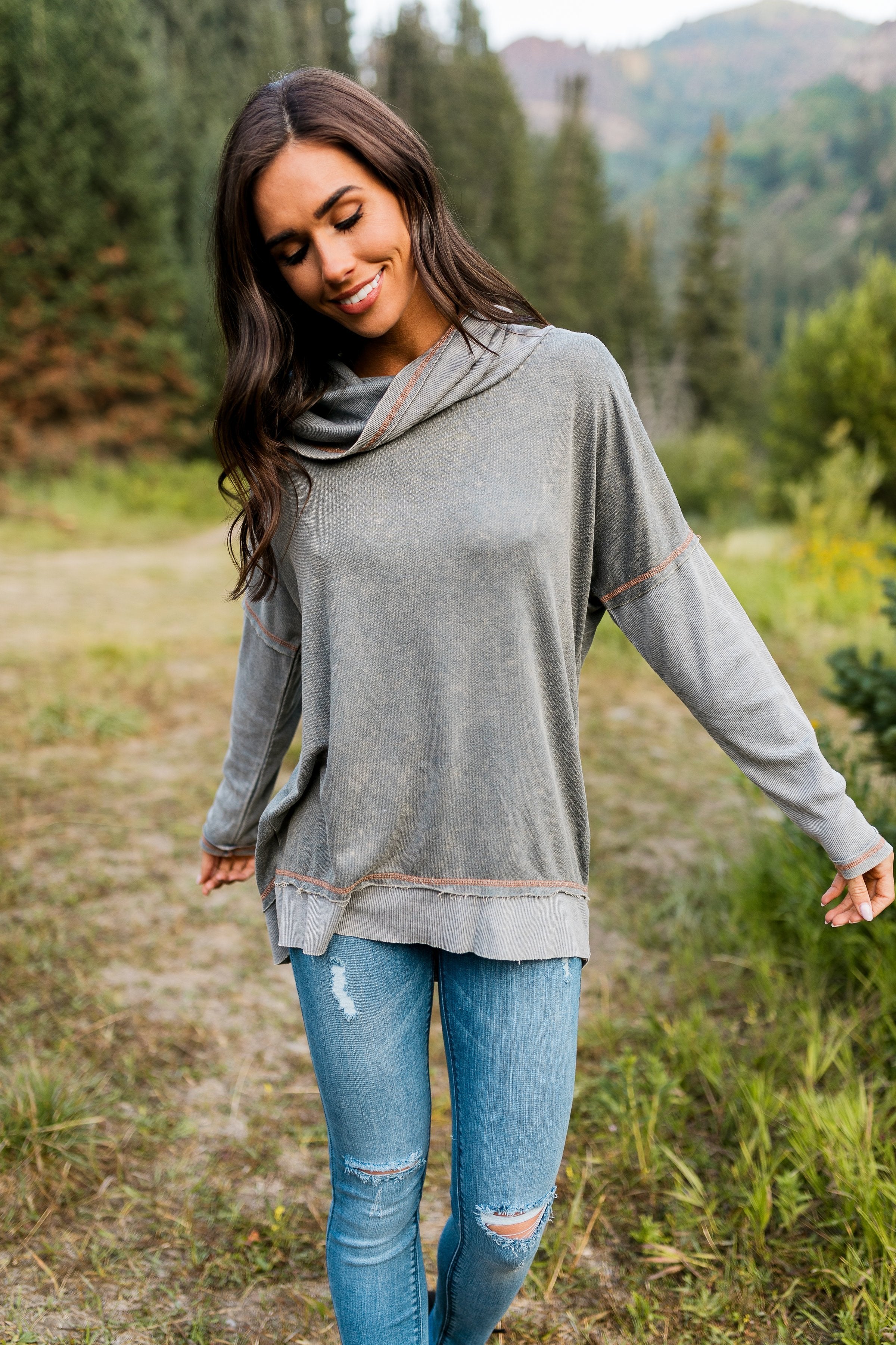 Free Spirit Cowl Neck Top In Ash Gray