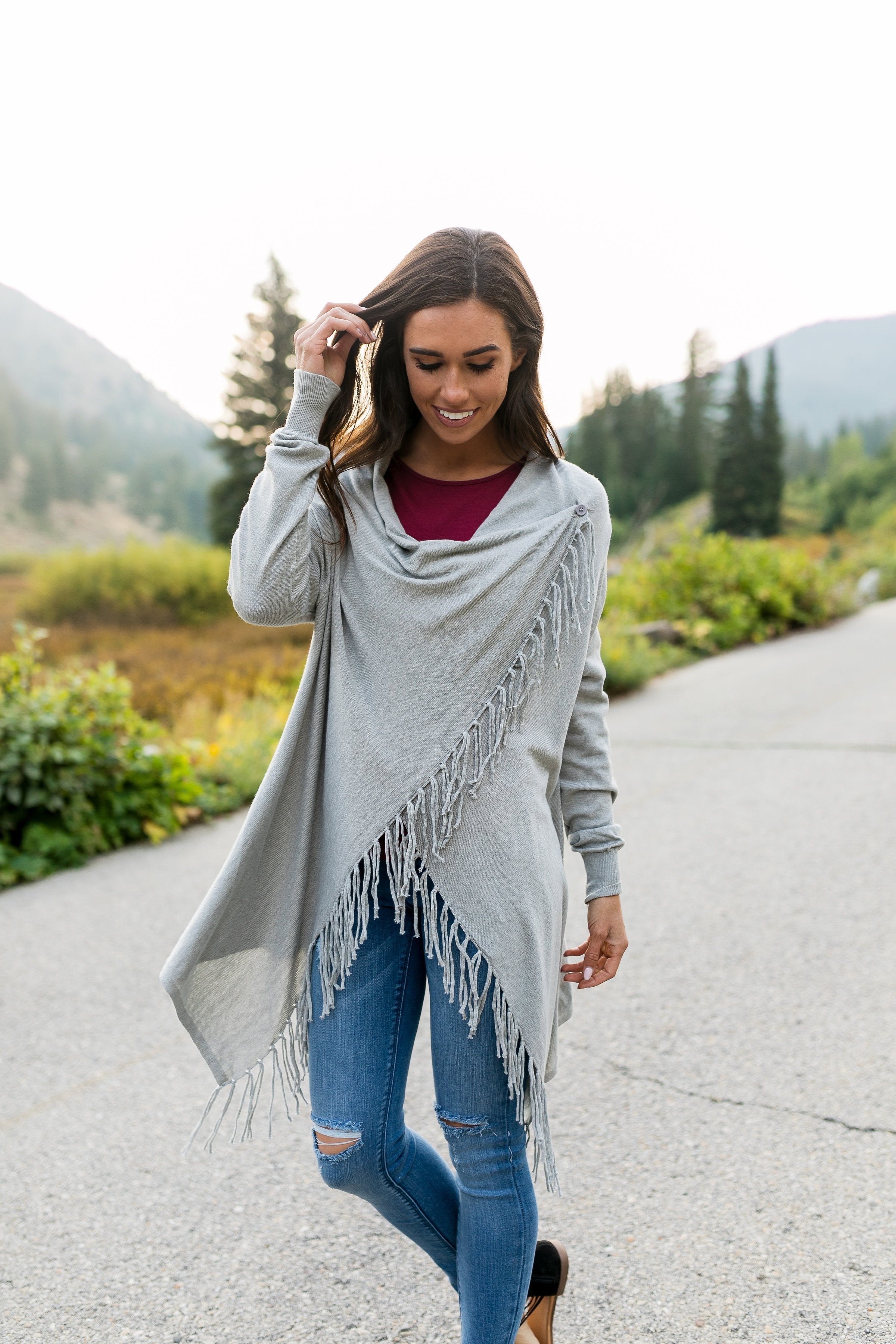 Fringe Benefits Cardigan In Gray