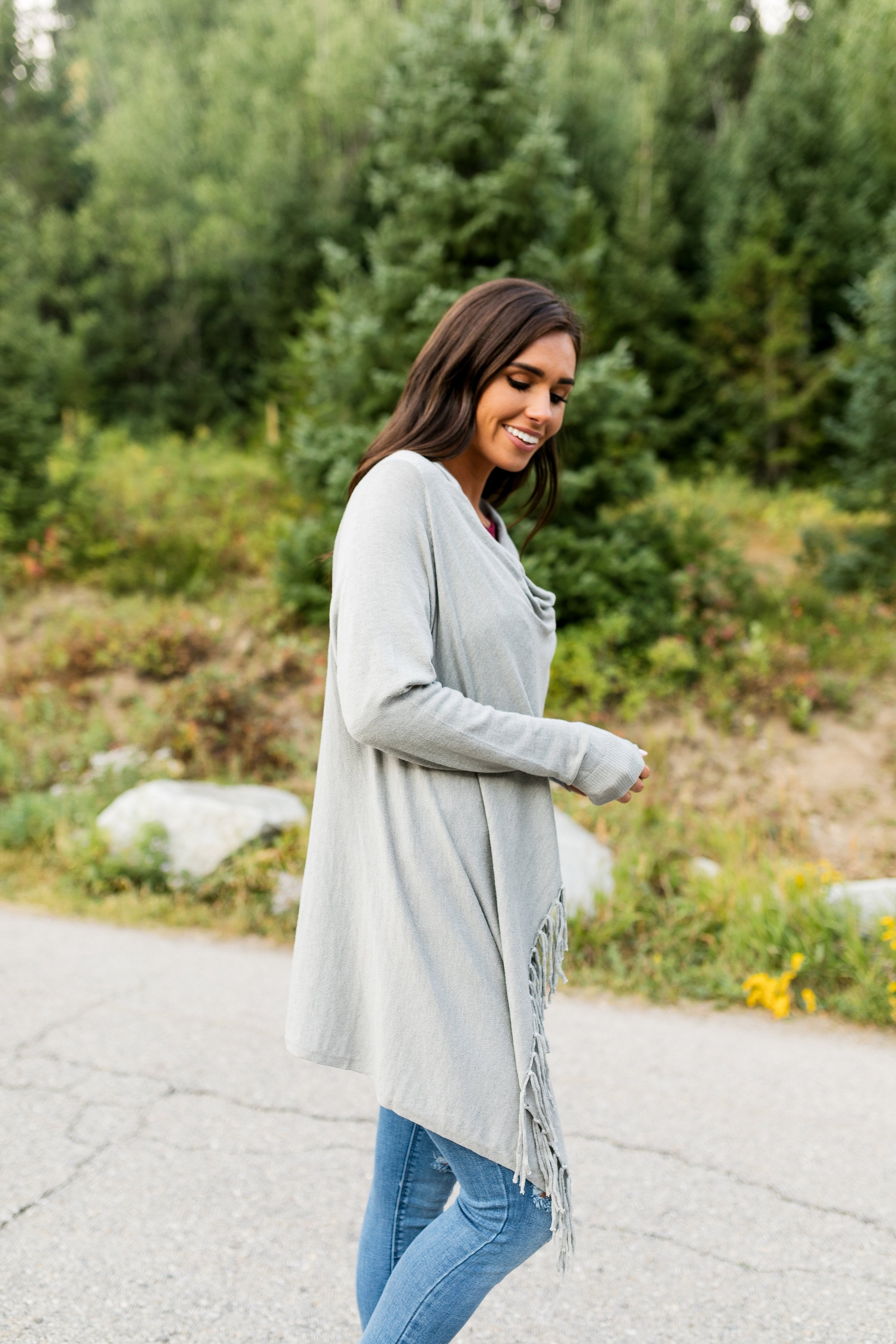 Fringe Benefits Cardigan In Gray