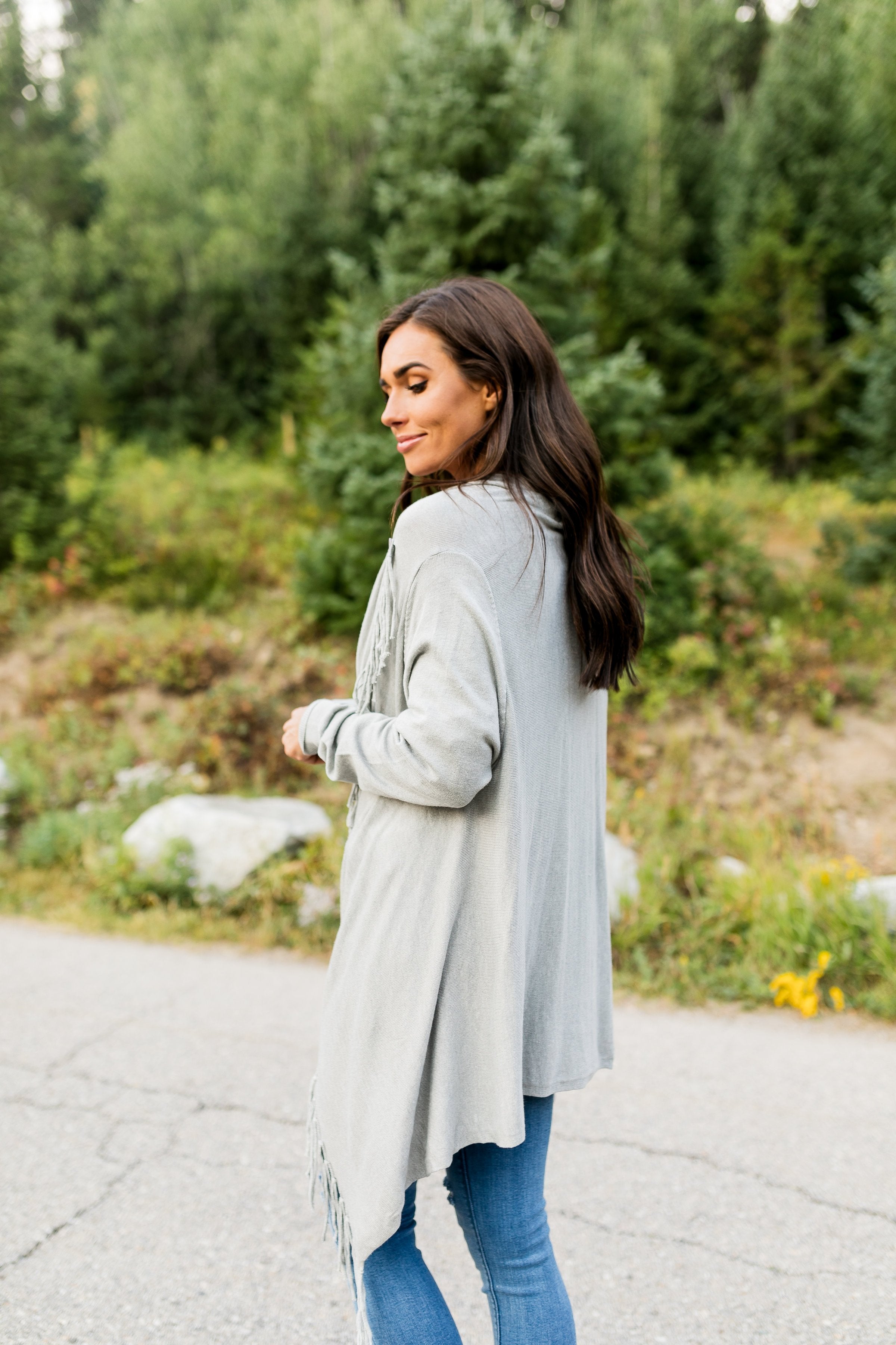 Fringe Benefits Cardigan In Gray