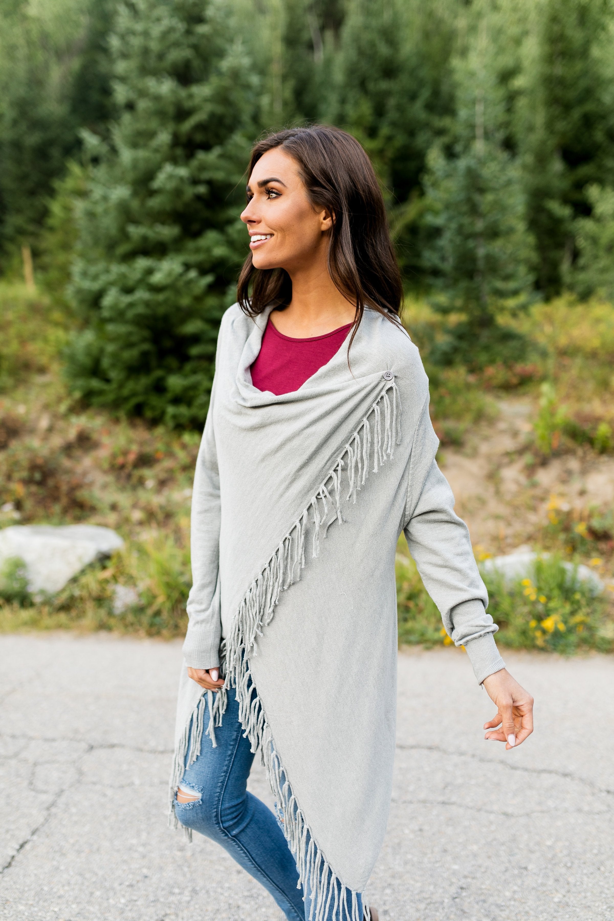 Fringe Benefits Cardigan In Gray