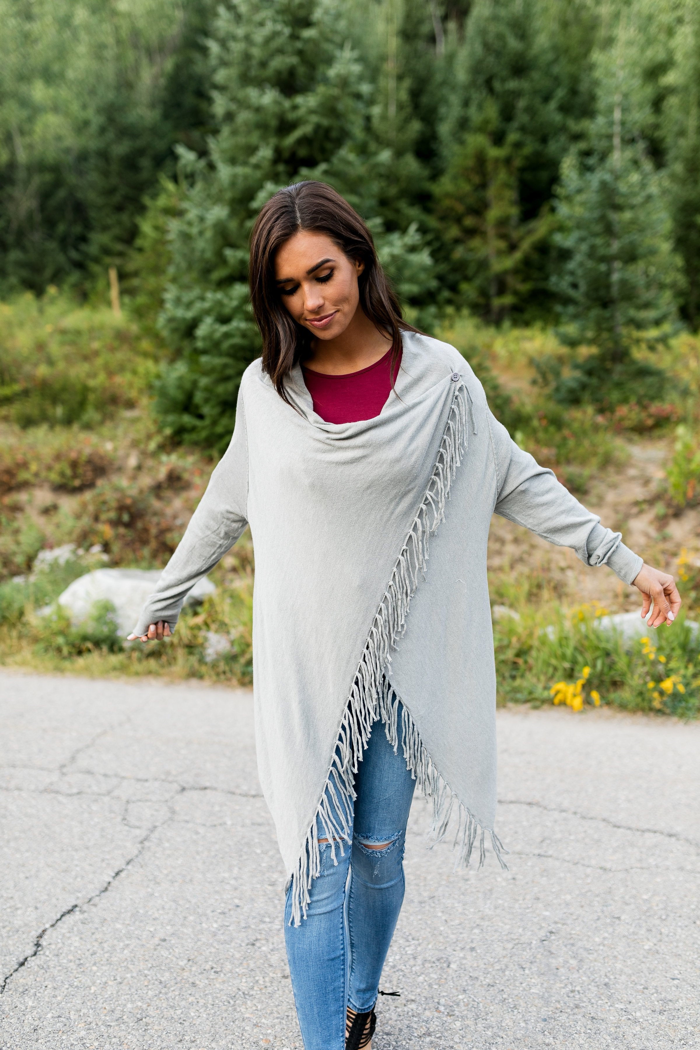 Fringe Benefits Cardigan In Gray