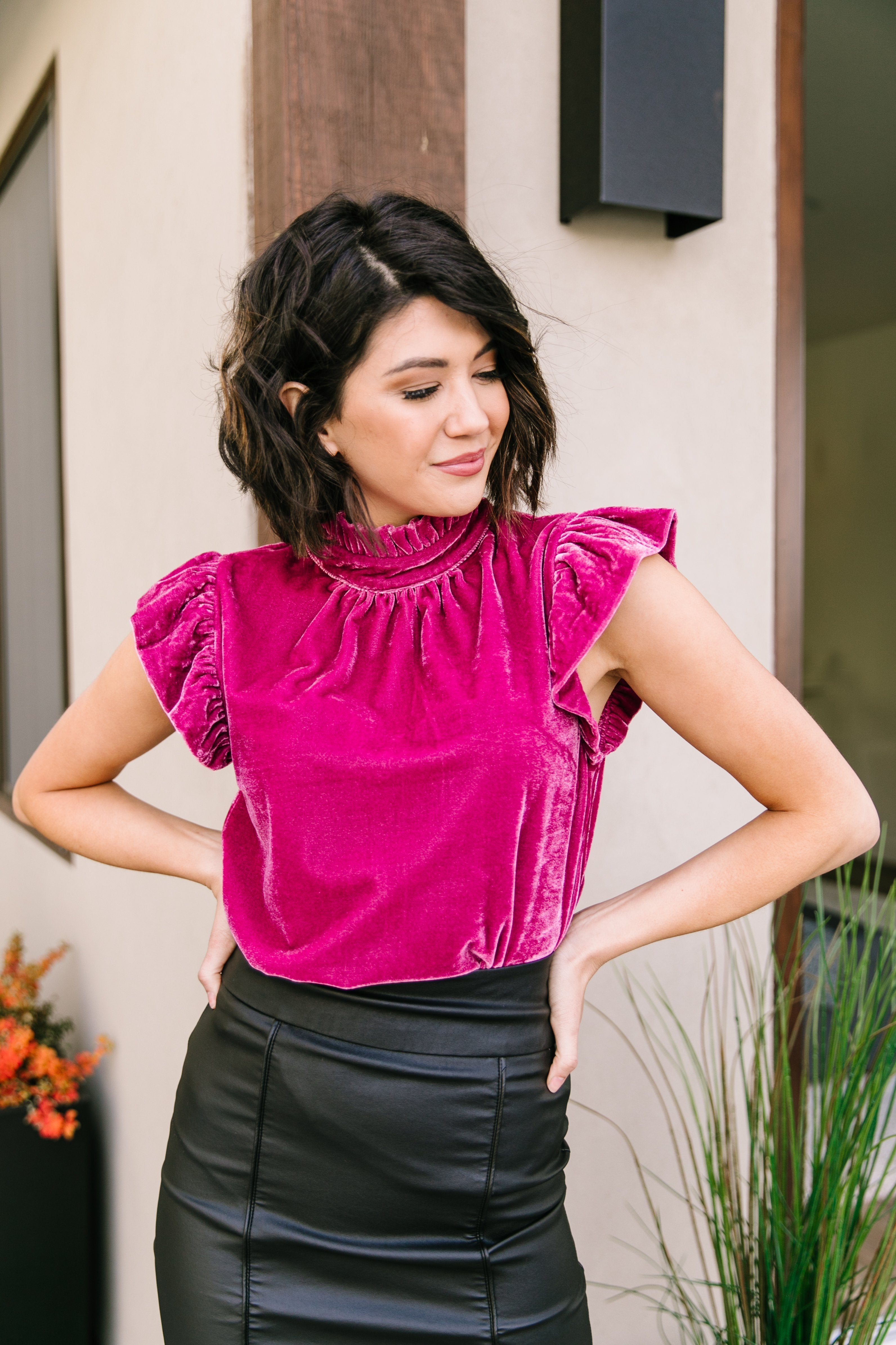 Fuchsia Velvet Mock Neck Top