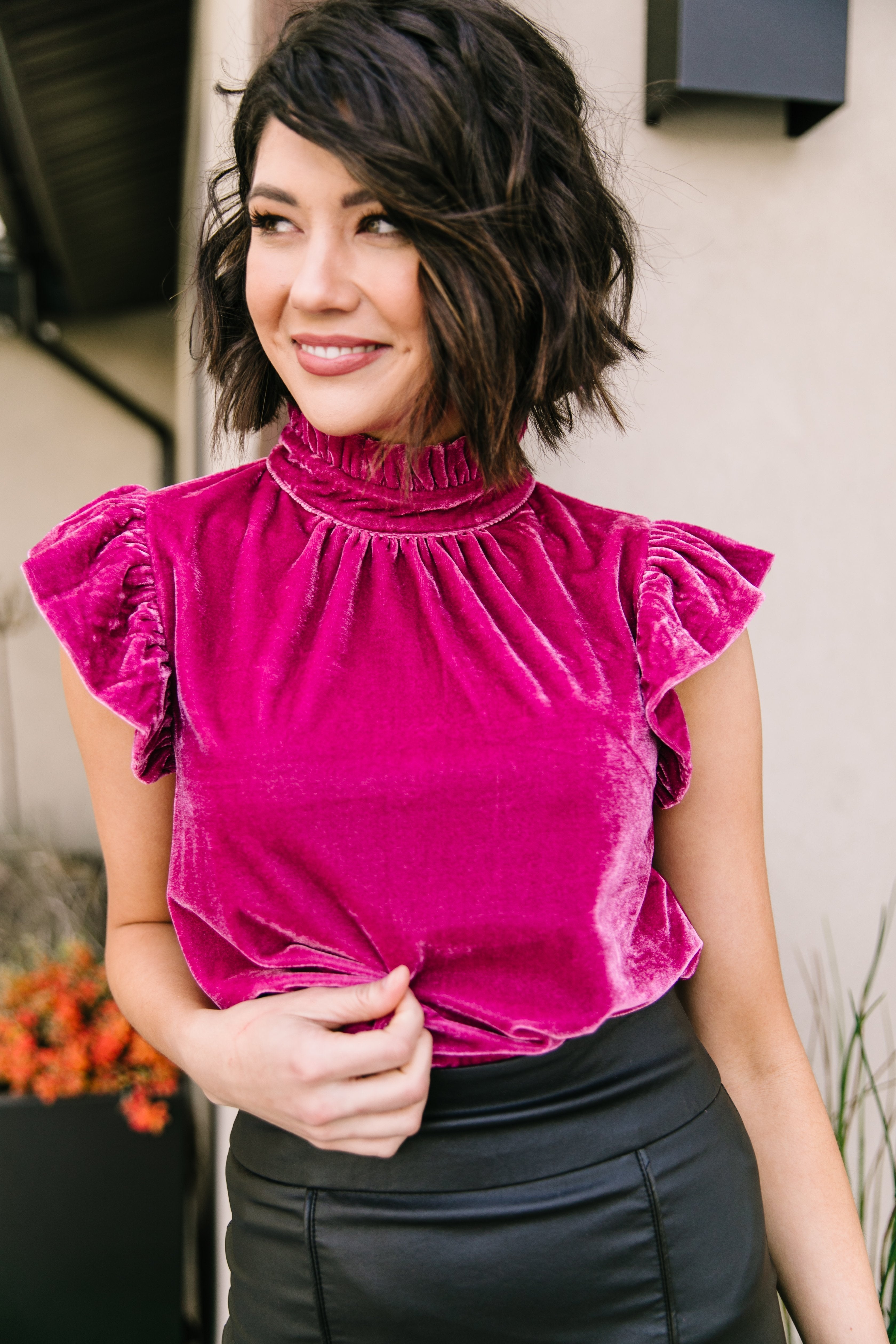 Fuchsia Velvet Mock Neck Top