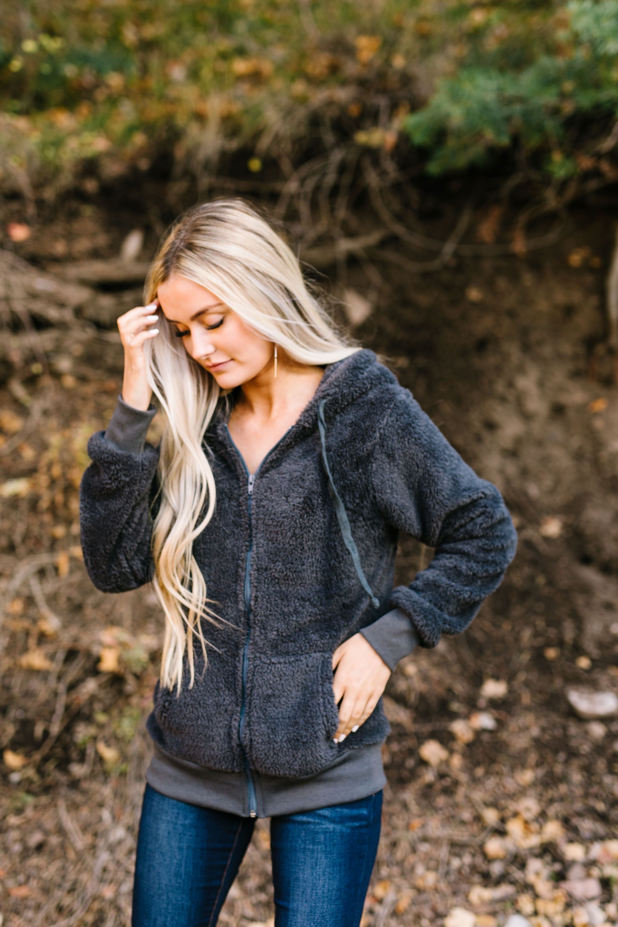 Furry Zip Up Hoodie In Charcoal - ALL SALES FINAL