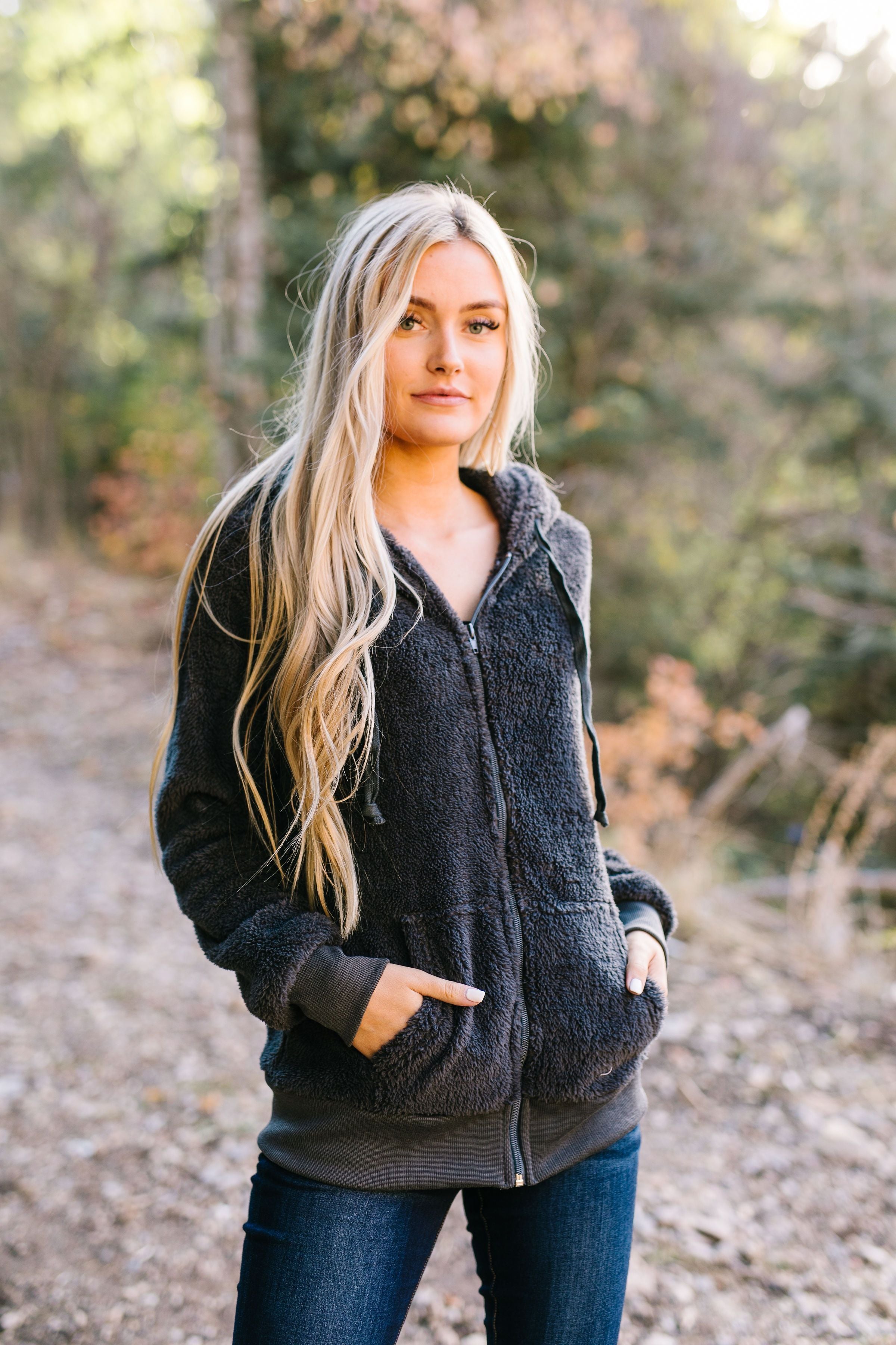 Furry Zip Up Hoodie In Charcoal - ALL SALES FINAL