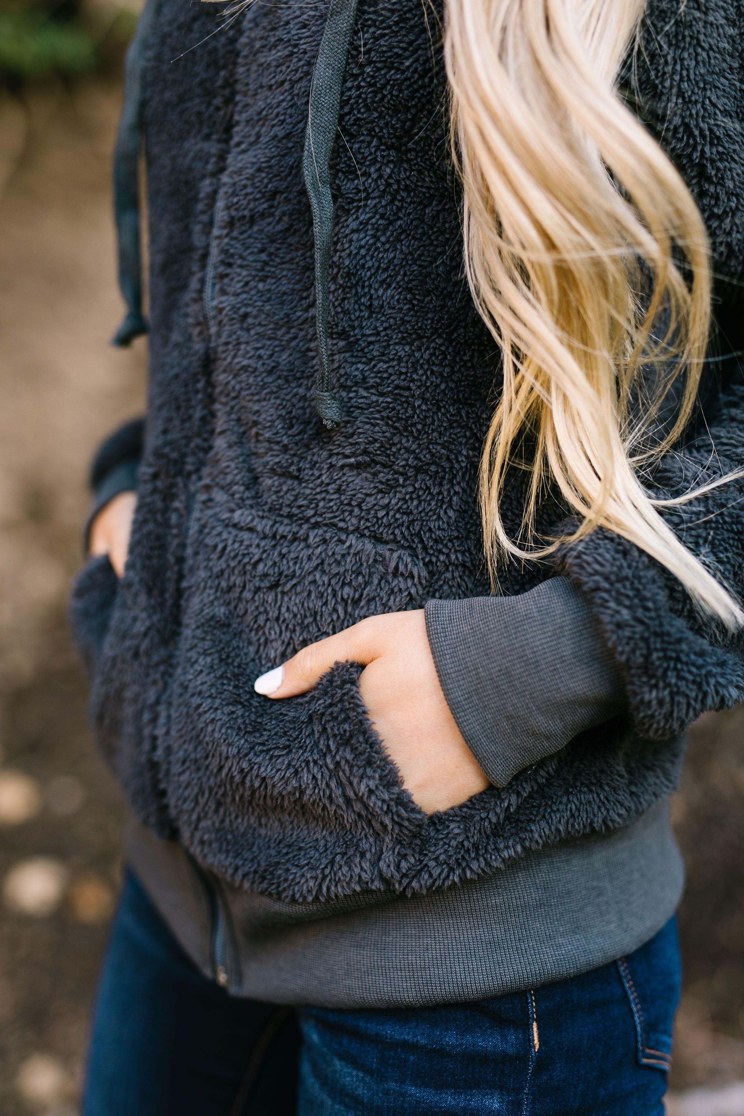 Furry Zip Up Hoodie In Charcoal - ALL SALES FINAL