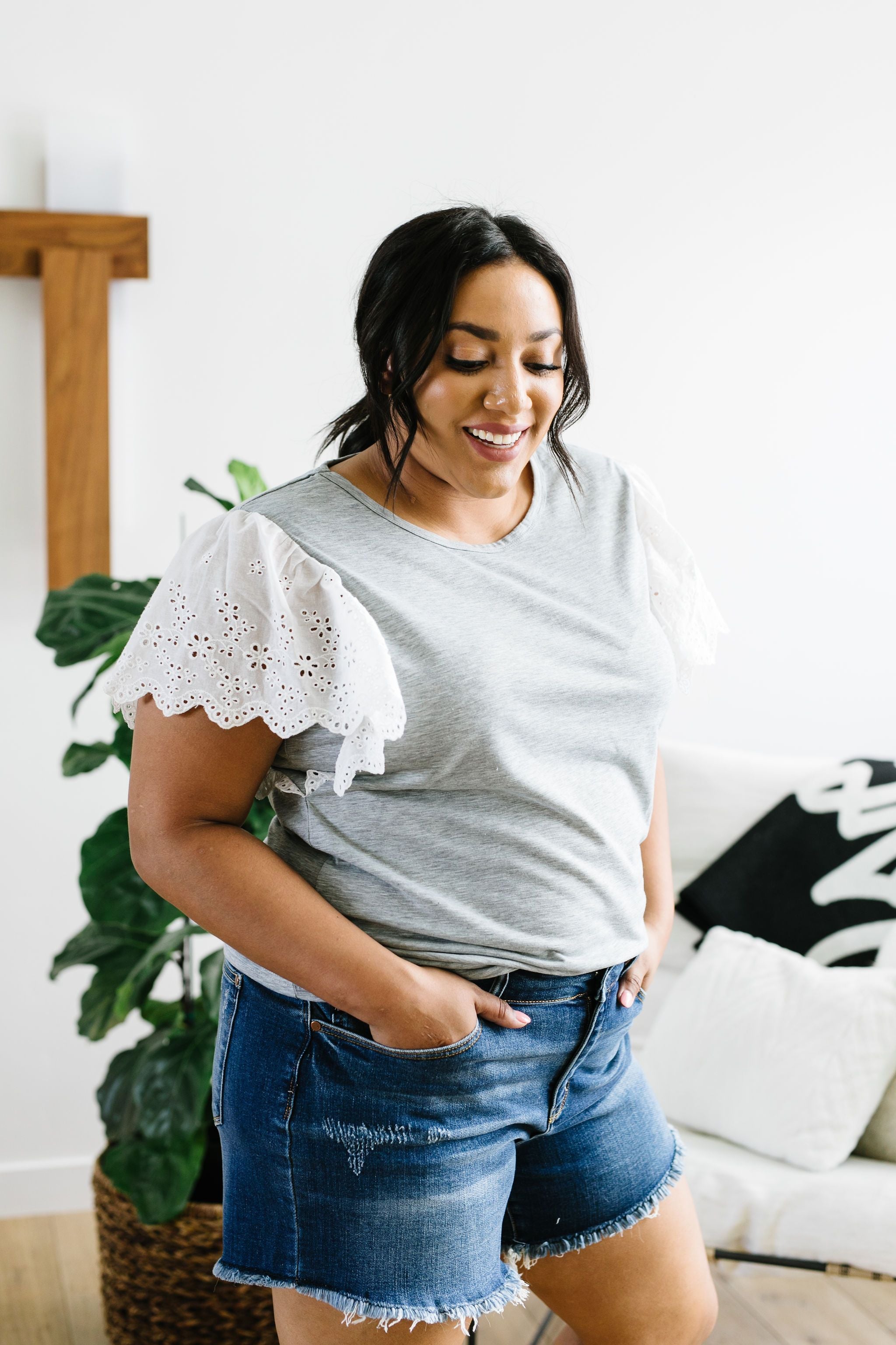 Heather Eyelet Sleeve Top