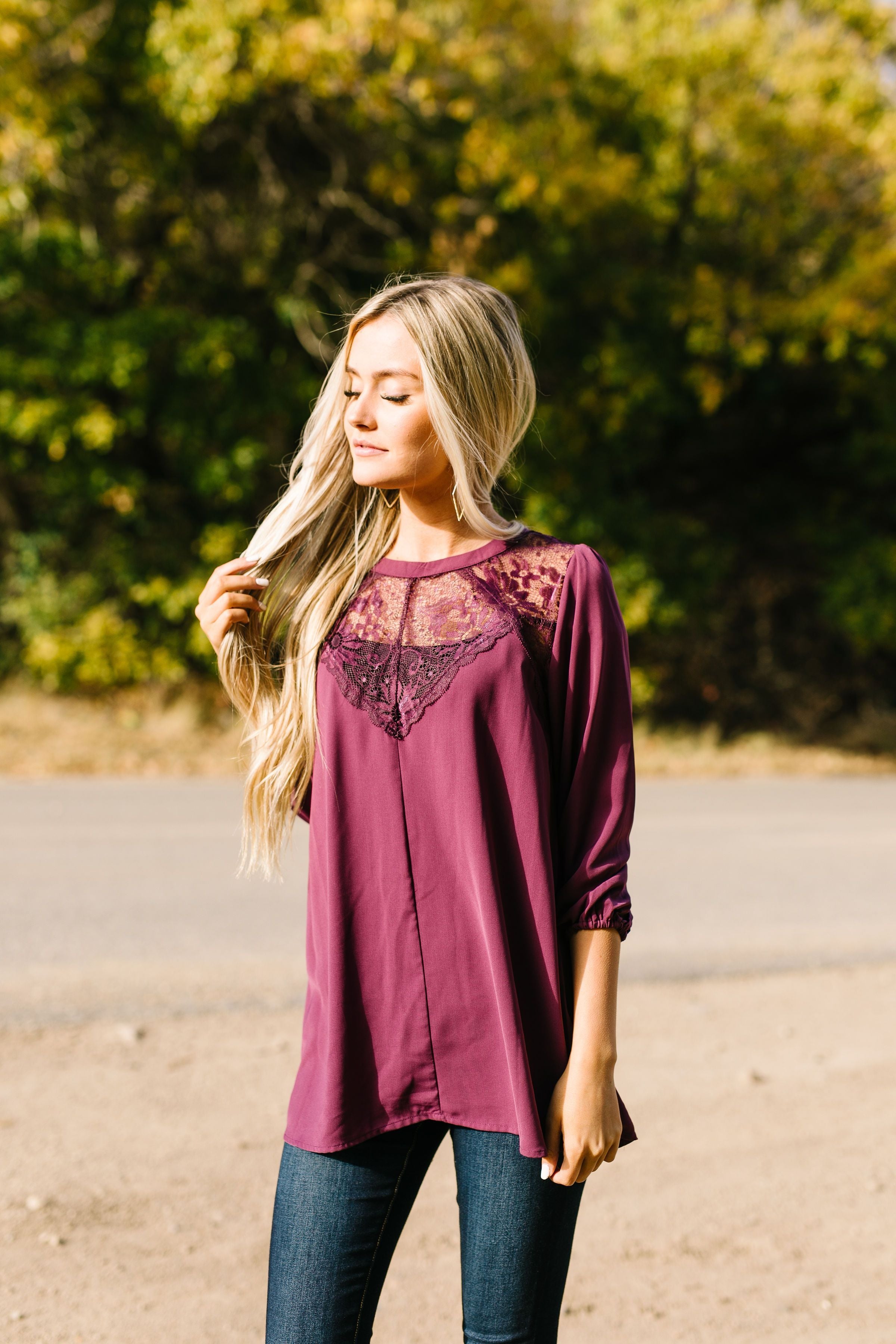 Heavenly Holiday Lace Inset Blouse In Plum - ALL SALES FINAL