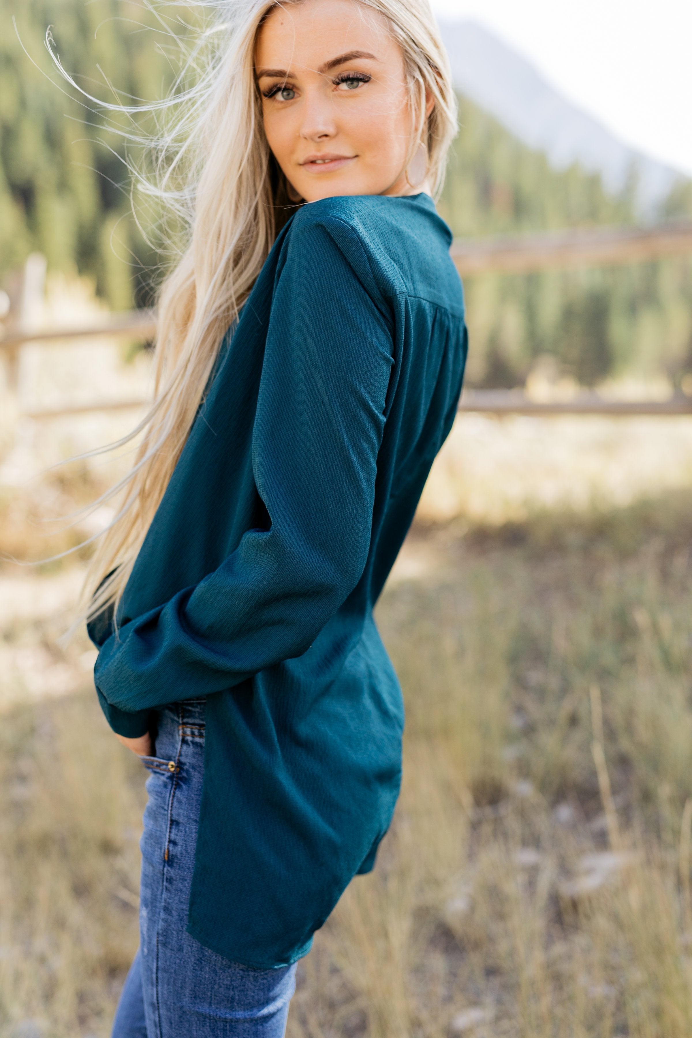 Hillary High Low Wrap Top In Hunter Green - ALL SALES FINAL