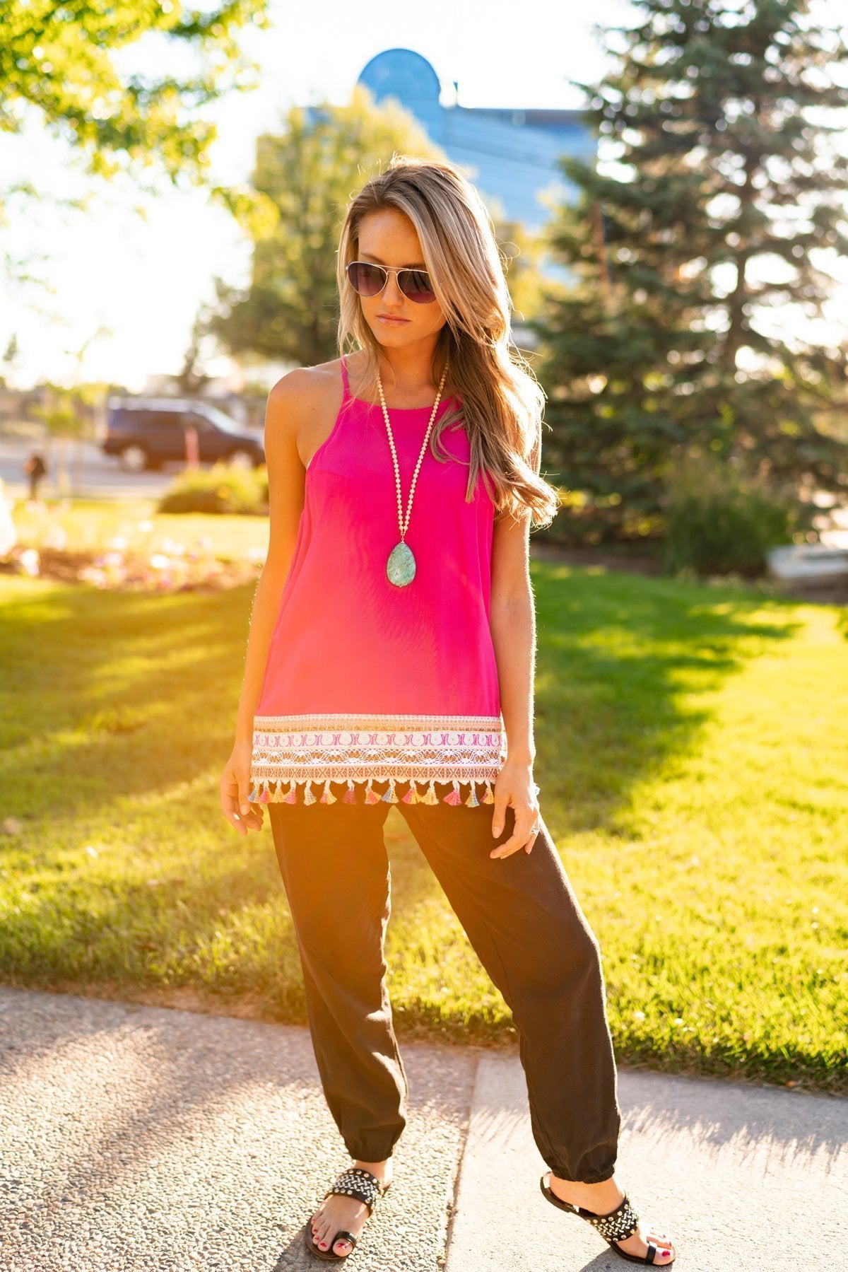 Hot Pink Embroidered Tassel Halter