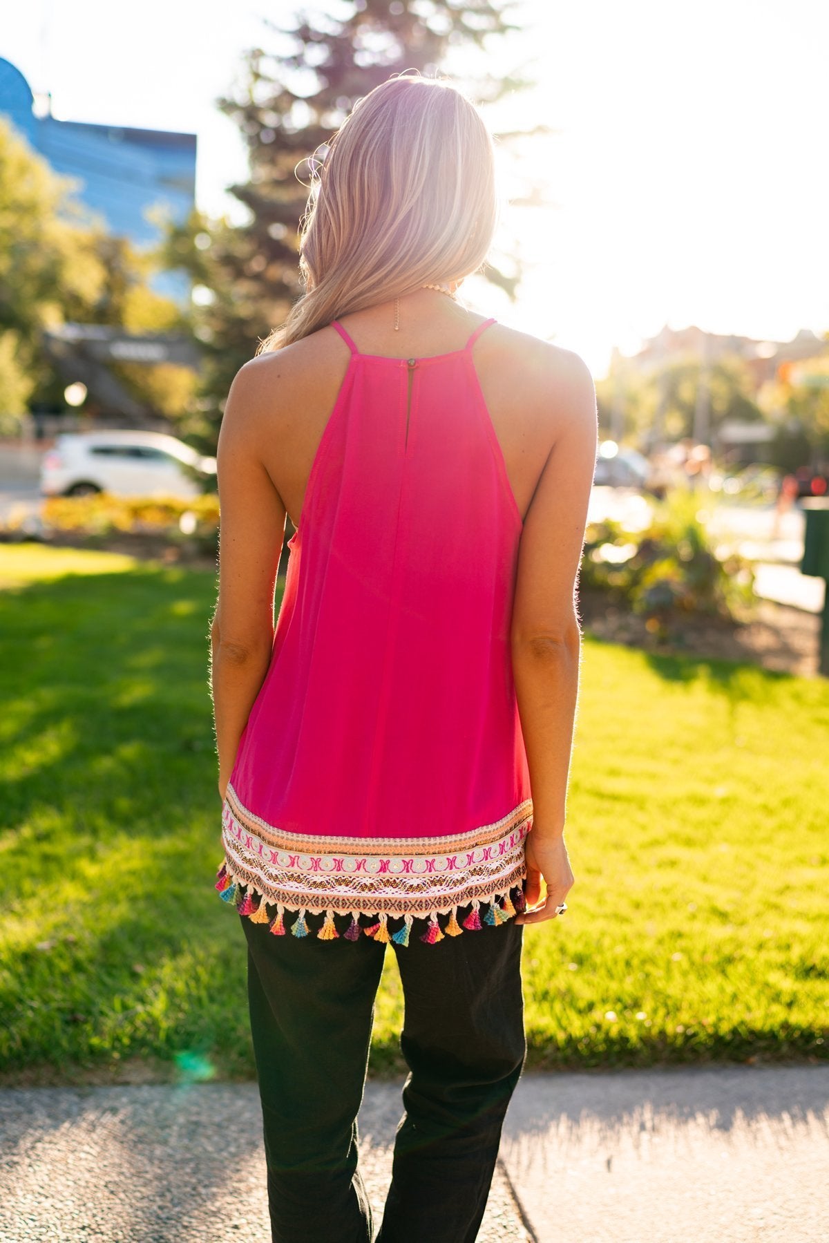 Hot Pink Embroidered Tassel Halter