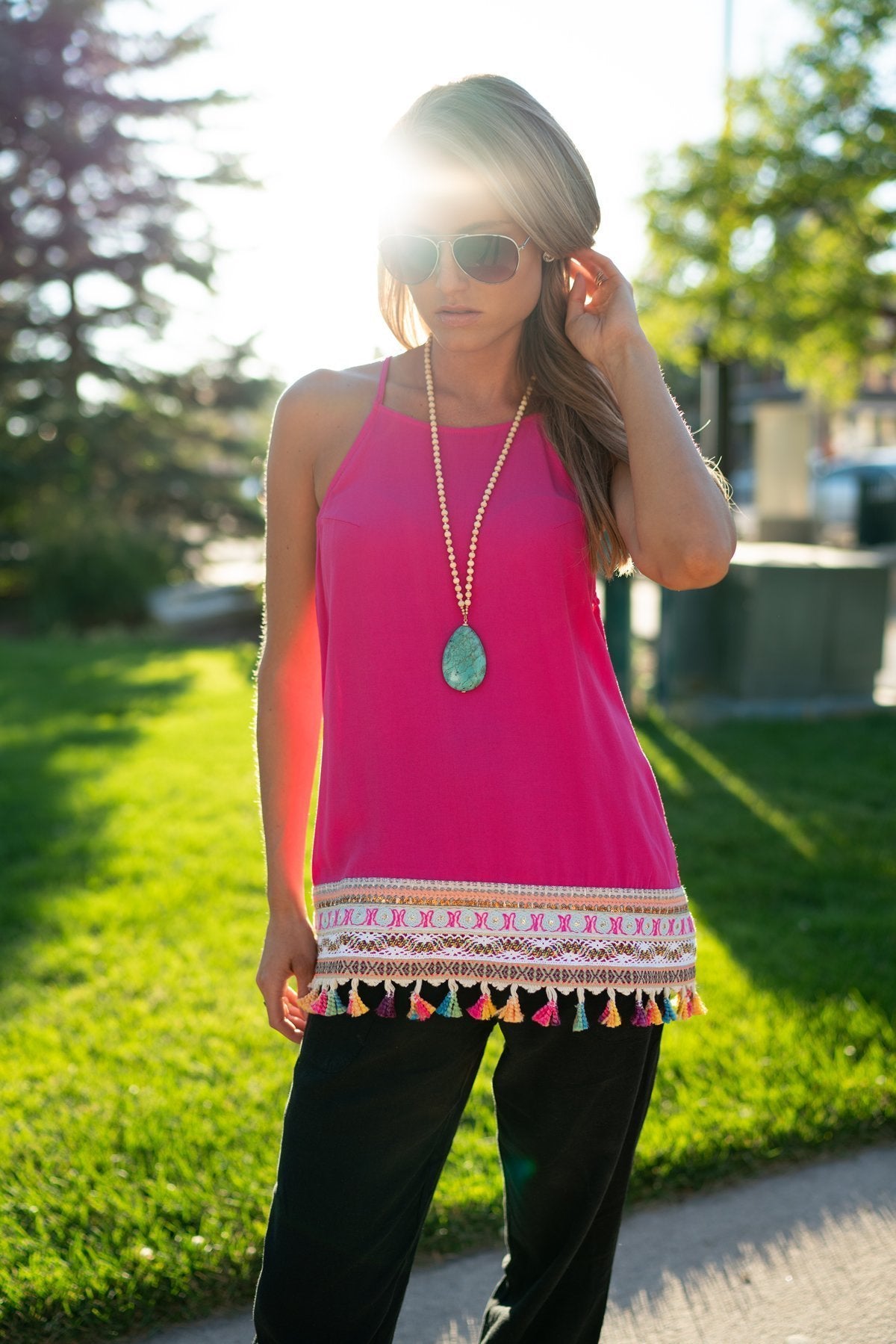 Hot Pink Embroidered Tassel Halter