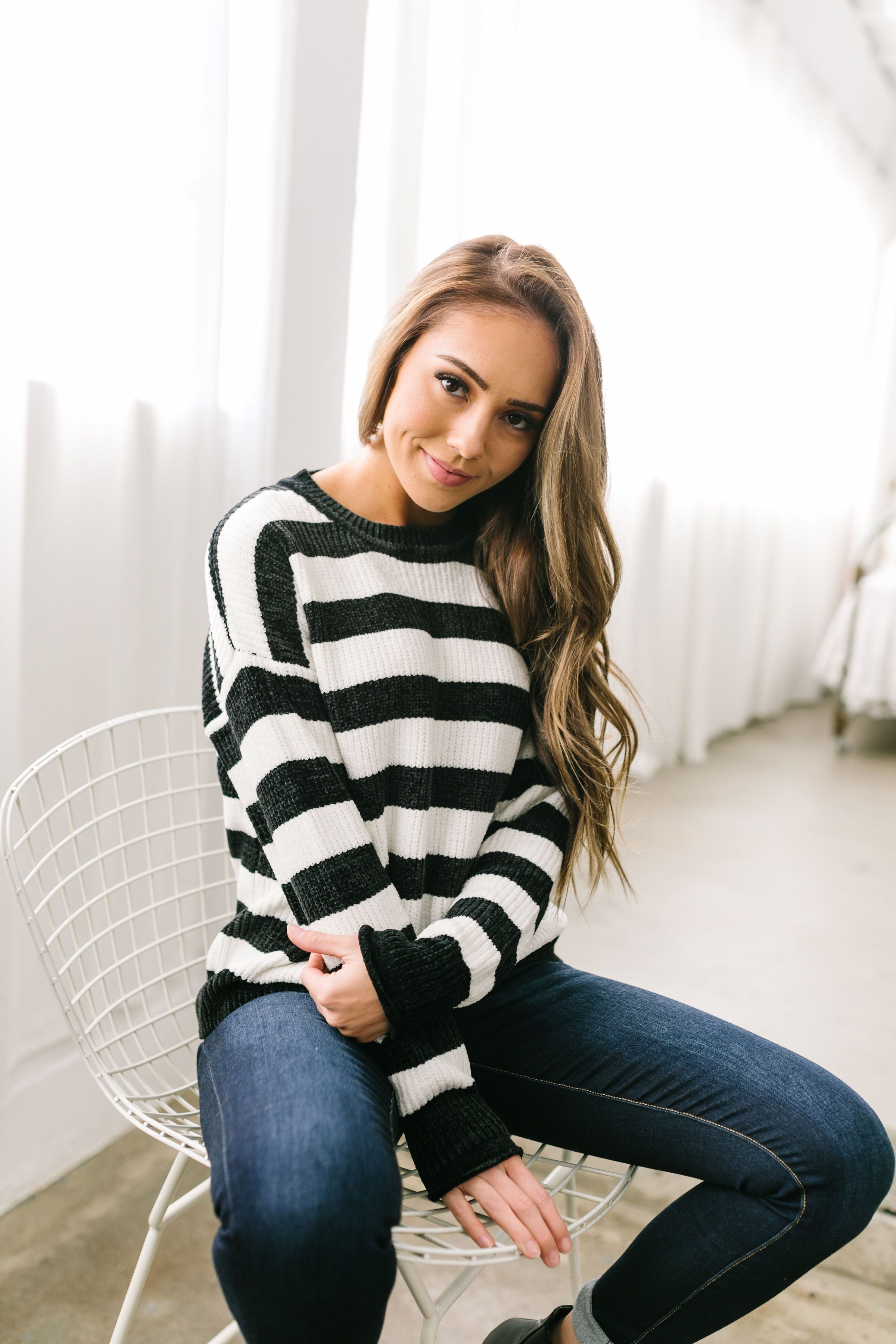 Jailbreak Stripes Chenille Sweater In Black + White - ALL SALES FINAL