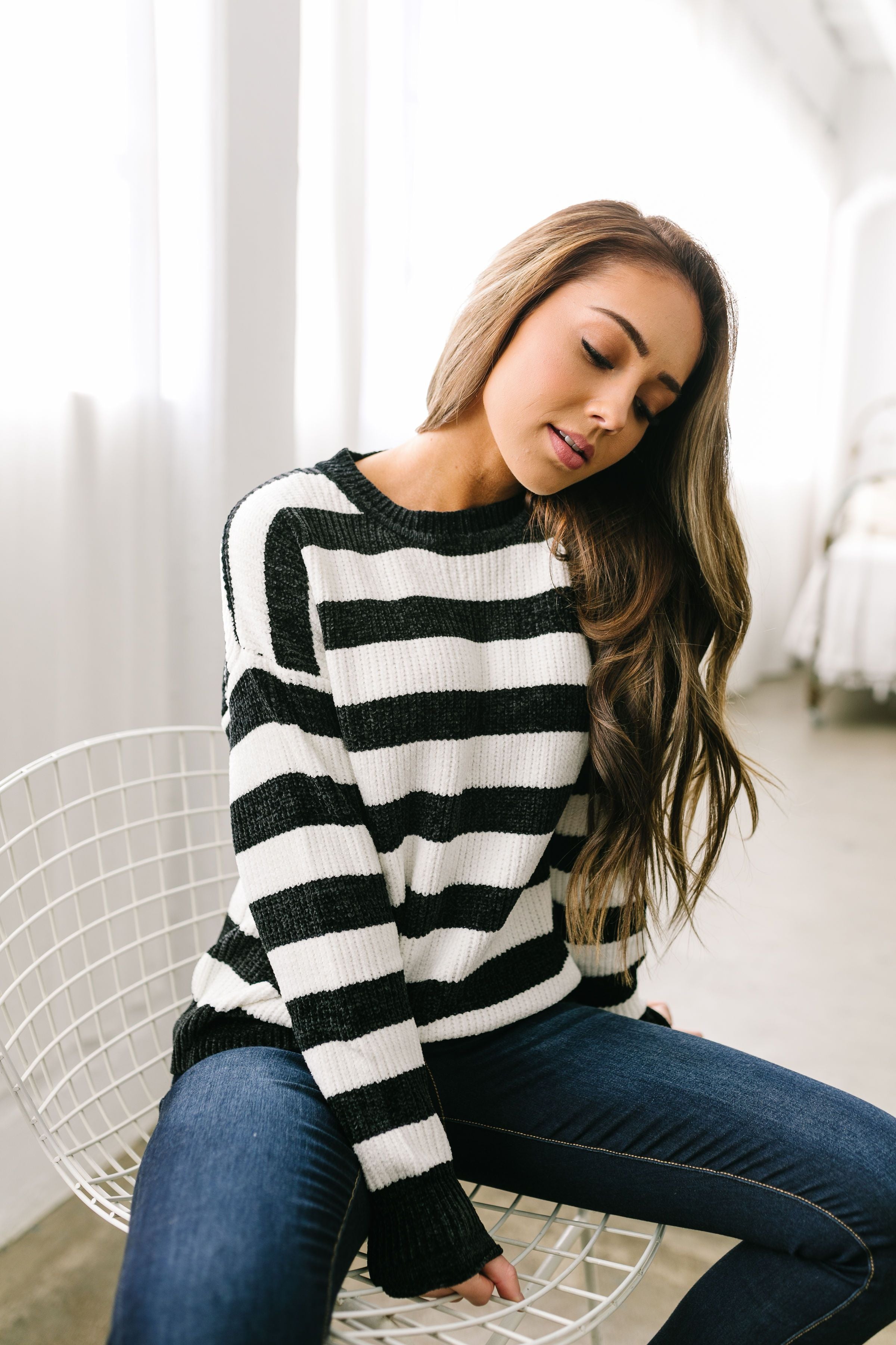 Jailbreak Stripes Chenille Sweater In Black + White - ALL SALES FINAL