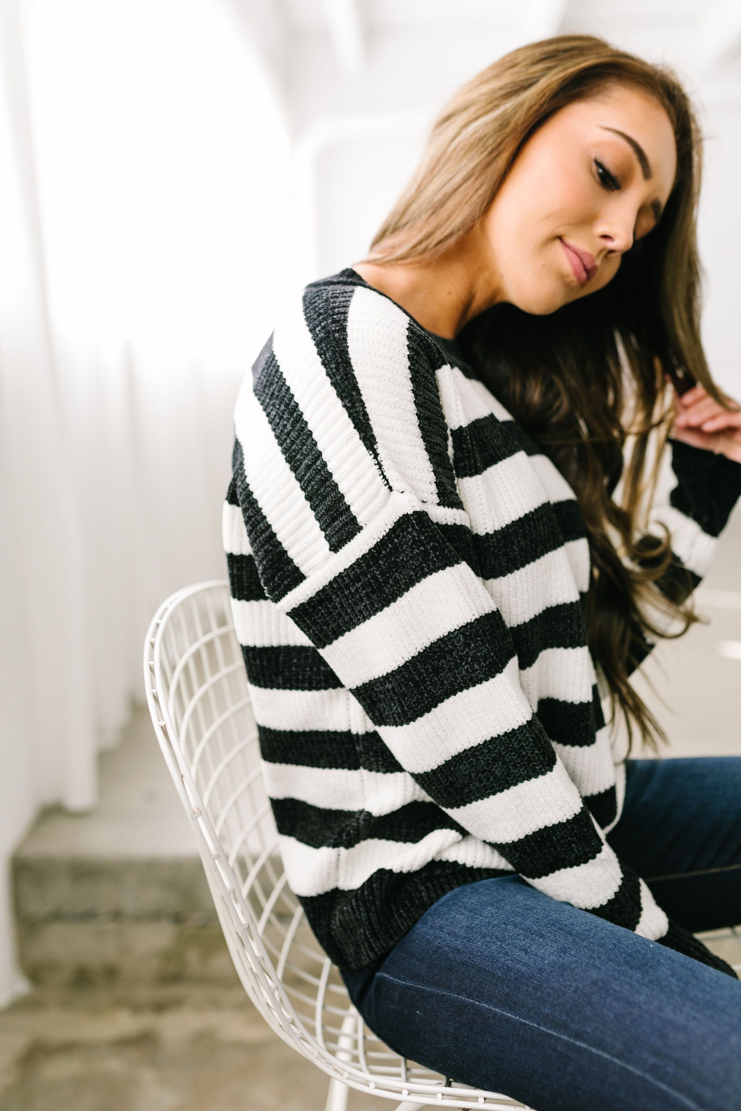 Jailbreak Stripes Chenille Sweater In Black + White - ALL SALES FINAL