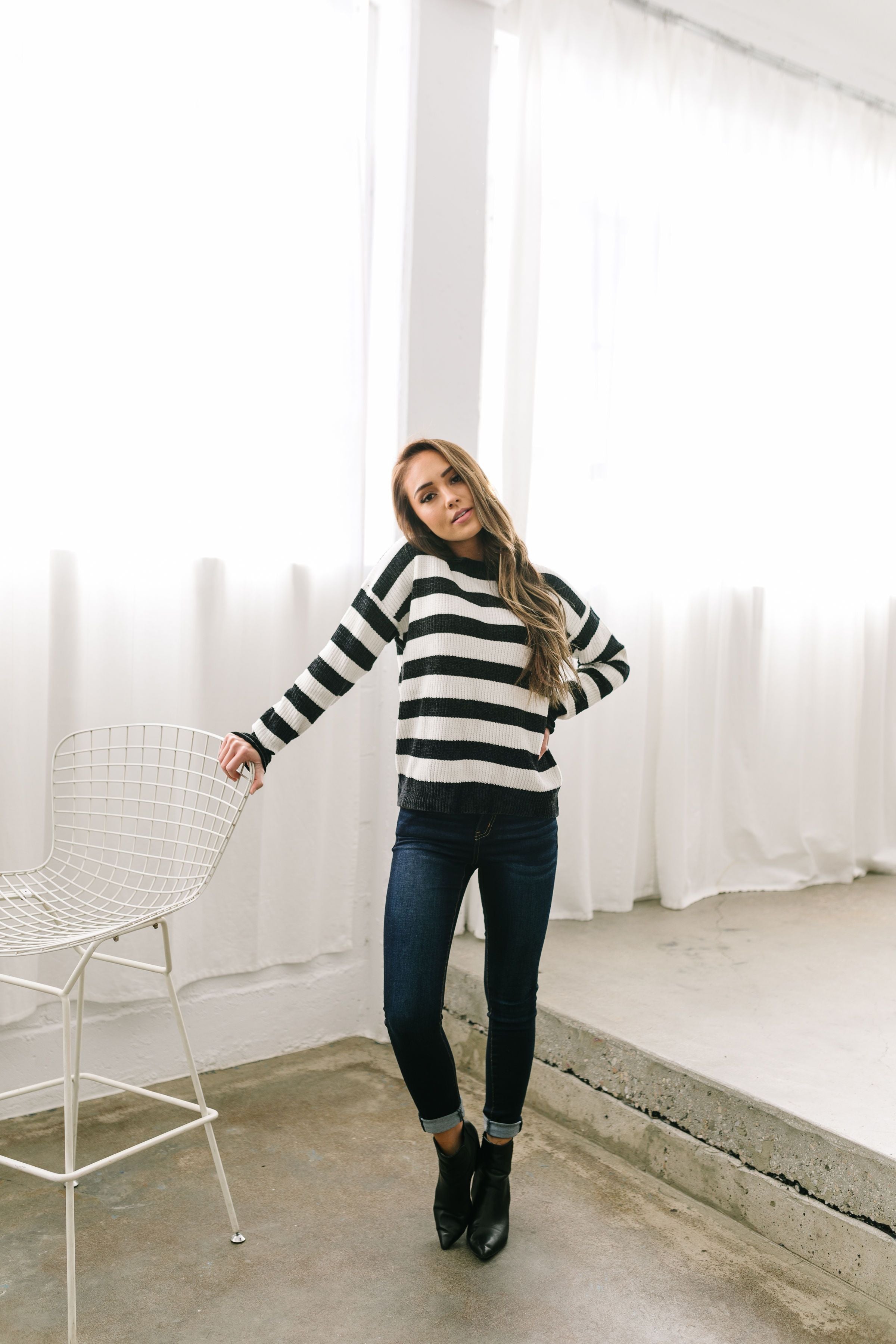 Jailbreak Stripes Chenille Sweater In Black + White - ALL SALES FINAL