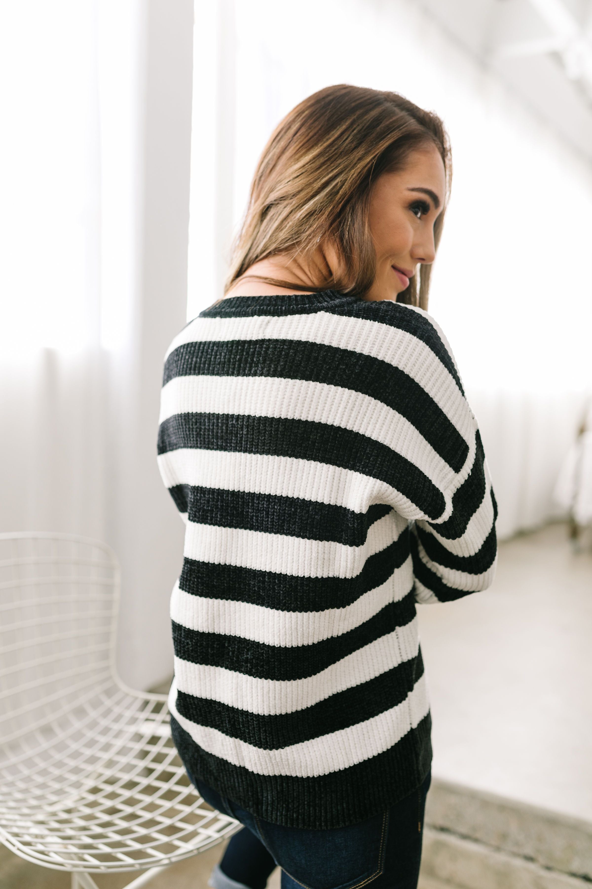 Jailbreak Stripes Chenille Sweater In Black + White - ALL SALES FINAL