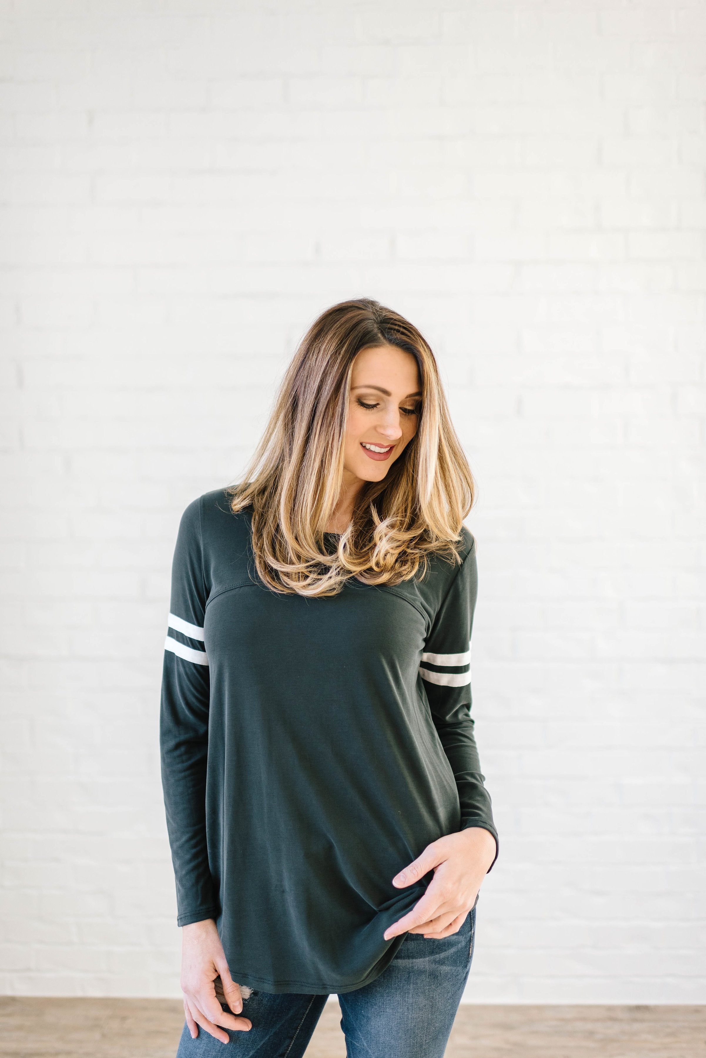 Janie Stripes Long Sleeve Tee in Charcoal Gray