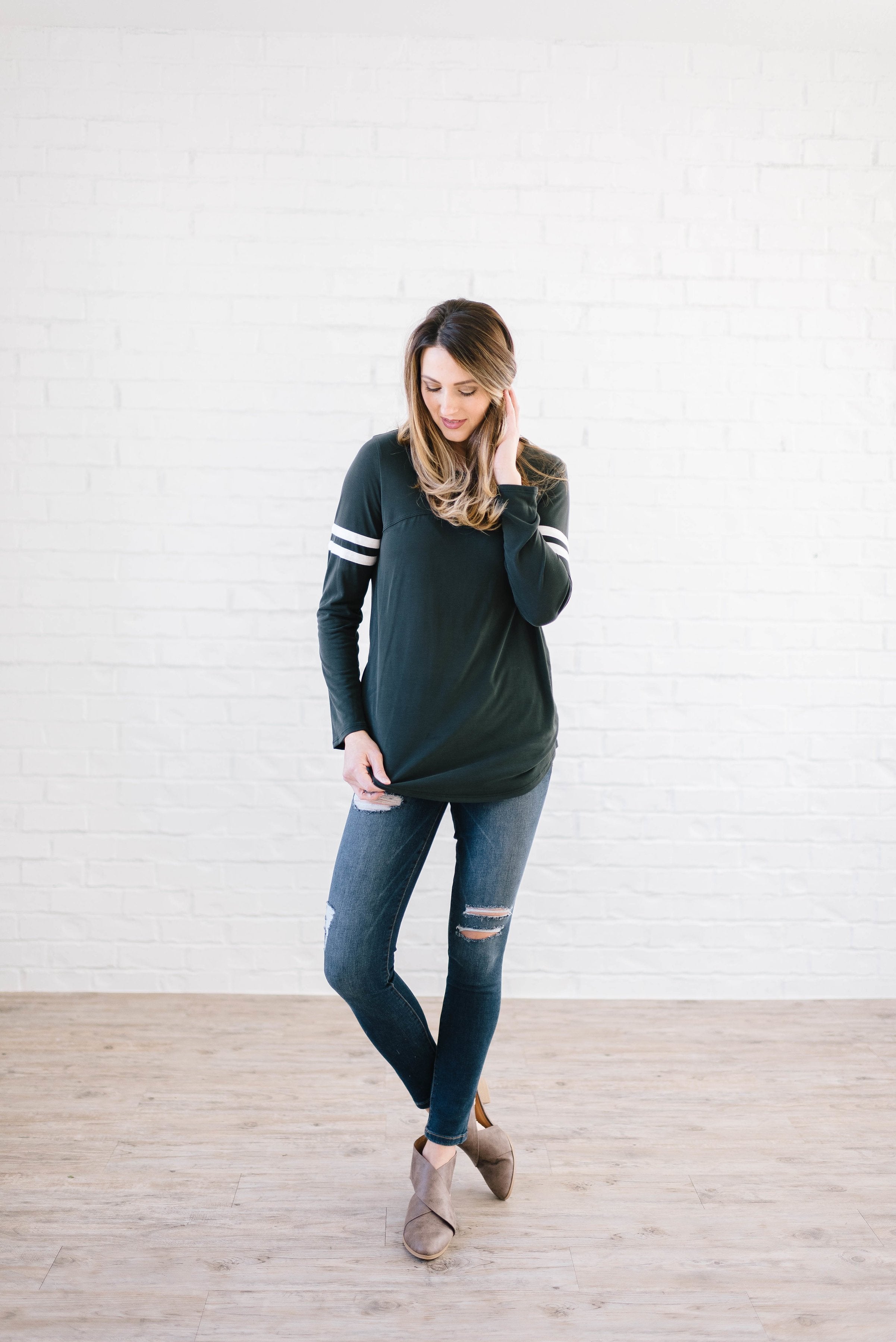 Janie Stripes Long Sleeve Tee in Charcoal Gray