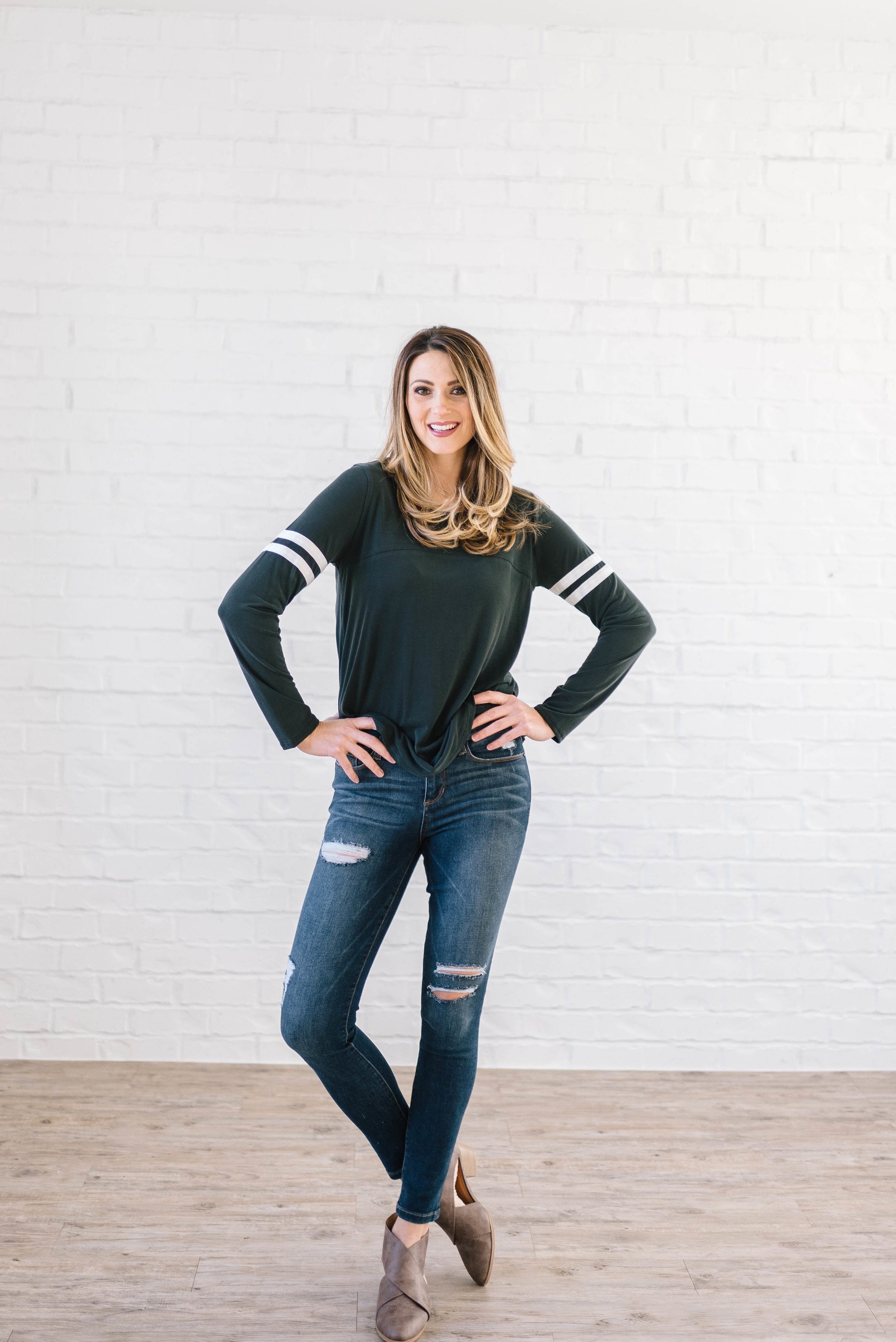 Janie Stripes Long Sleeve Tee in Charcoal Gray