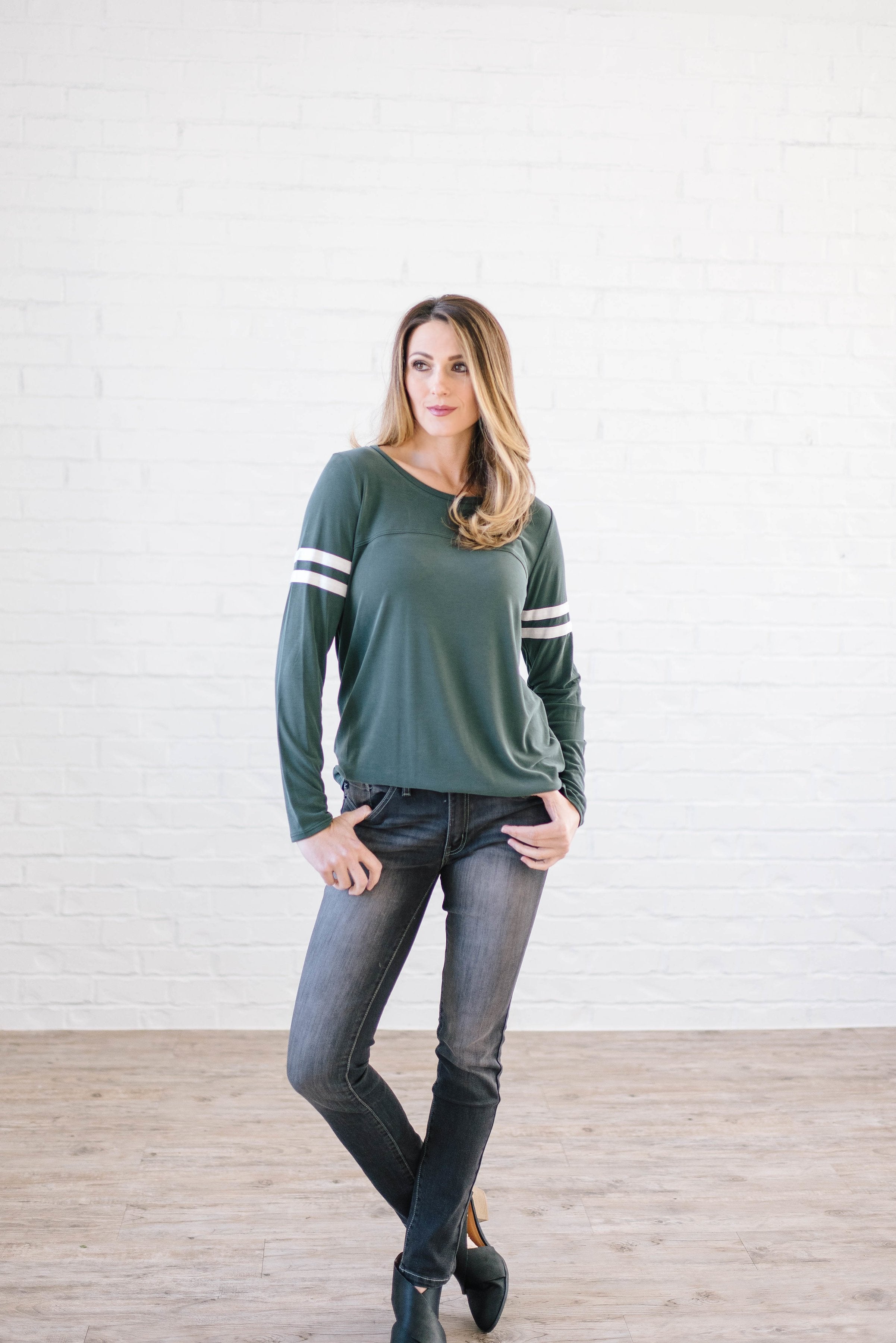 Janie Stripes Long Sleeve Tee in Hunter Green