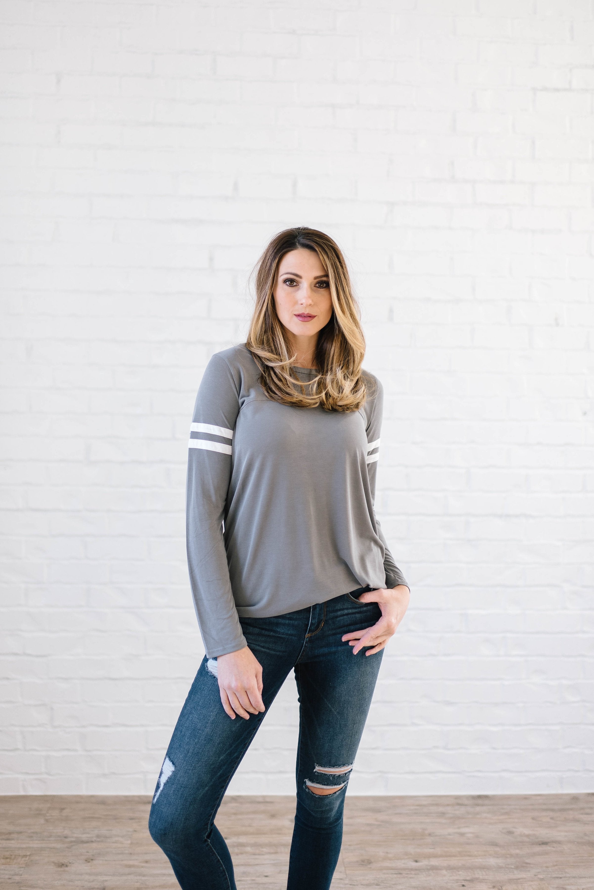 Janie Stripes Long Sleeve Tee in Light Gray