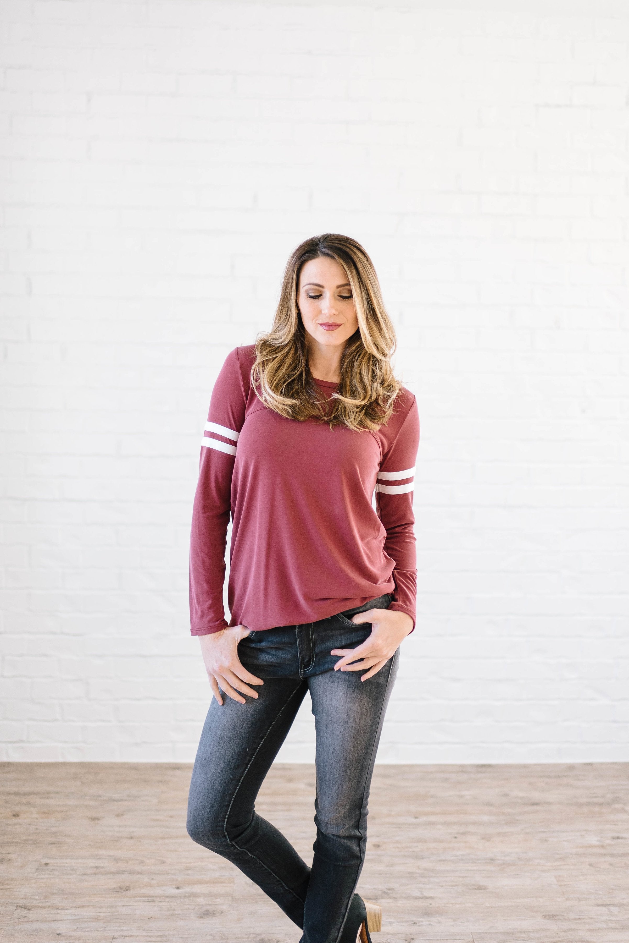 Janie Stripes Long Sleeve Tee in Red Brick