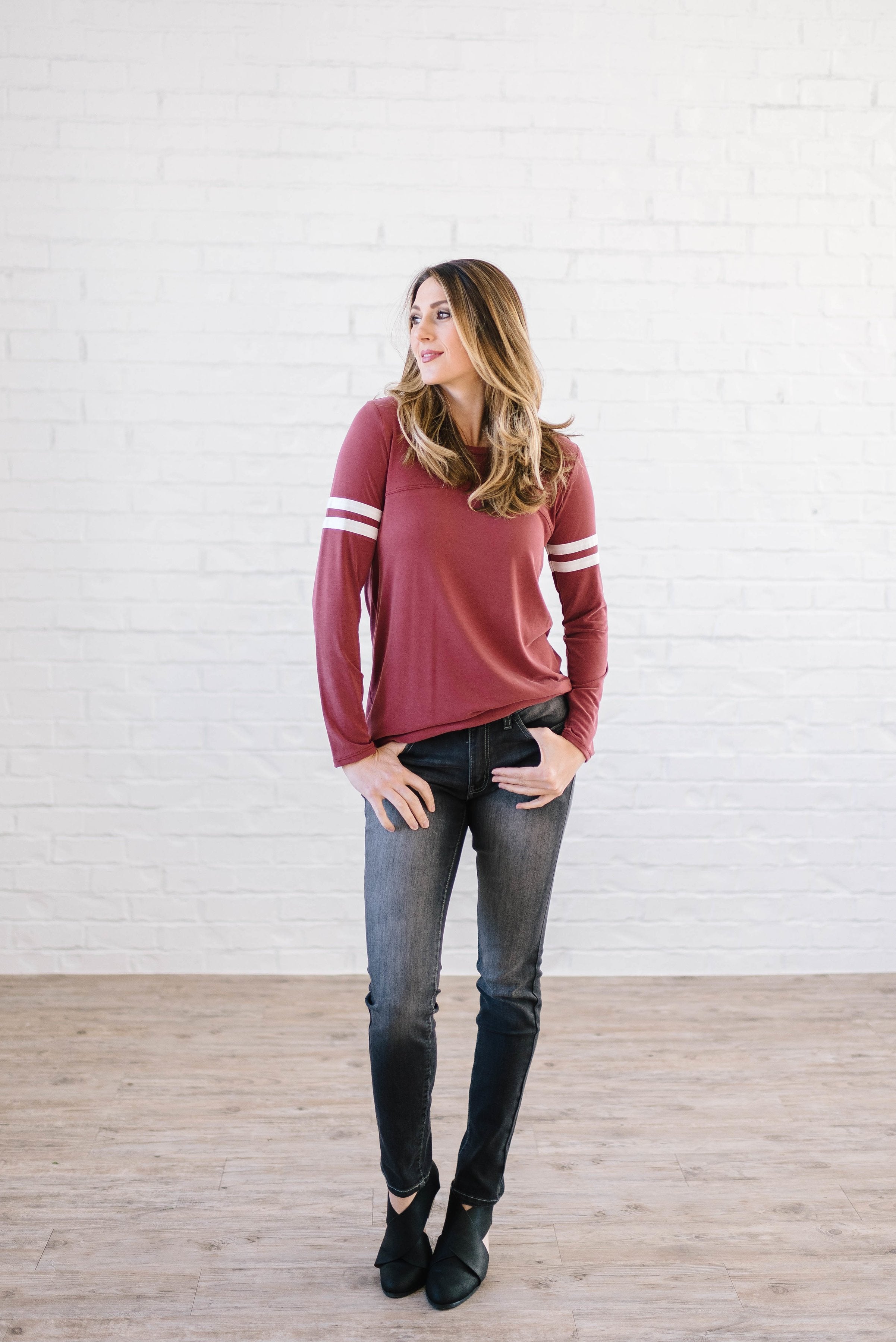 Janie Stripes Long Sleeve Tee in Red Brick