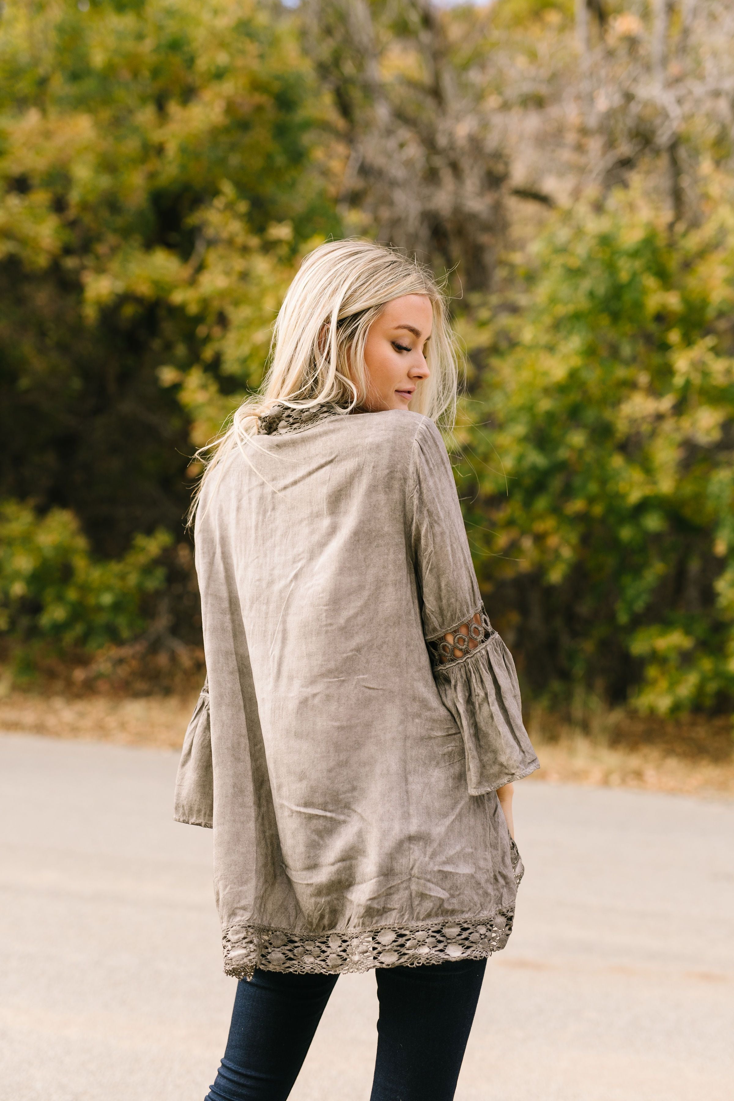 Kimberly Lace Trimmed Kimono In Olive - ALL SALES FINAL