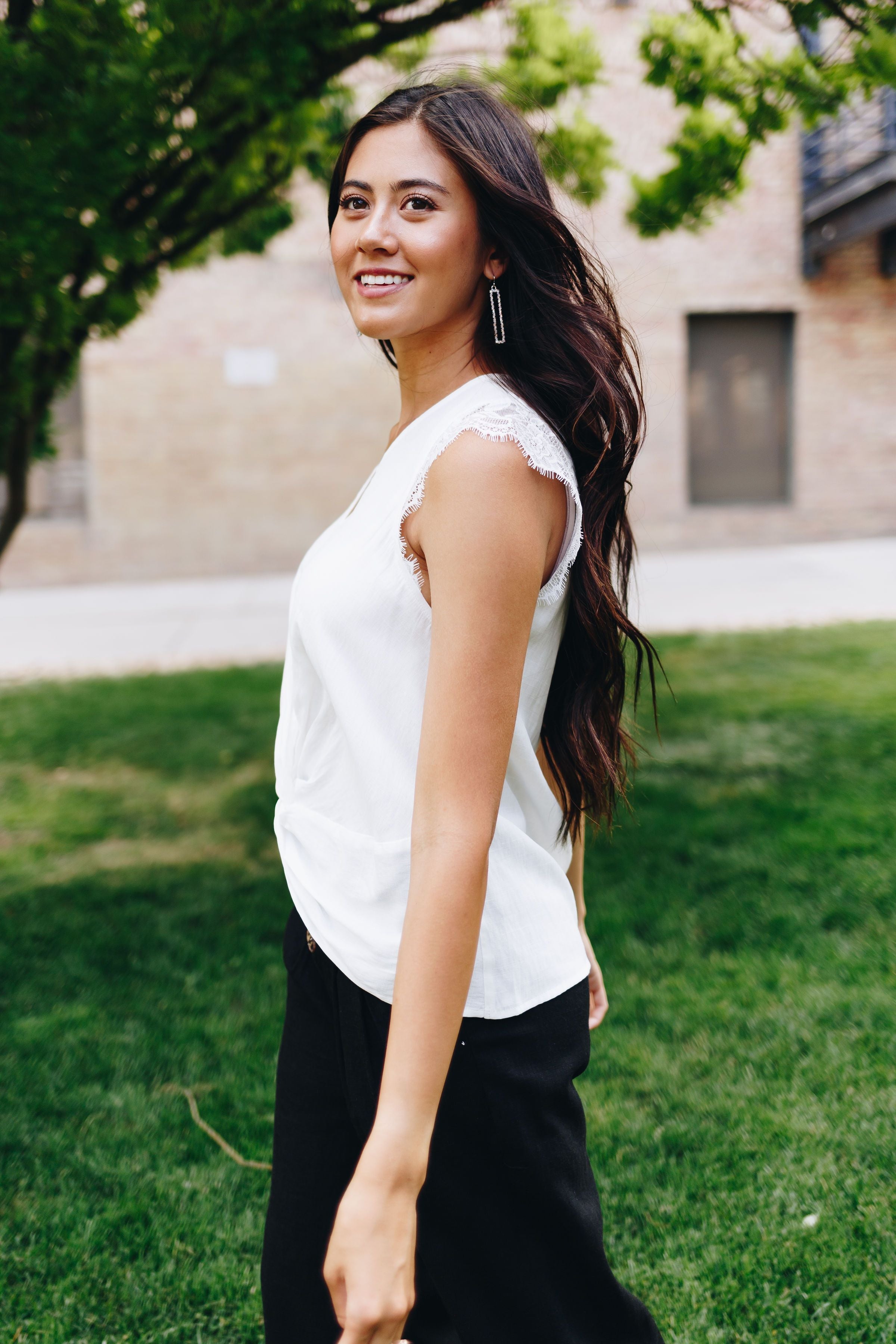 Lace Cap Sleeve Blouse In White