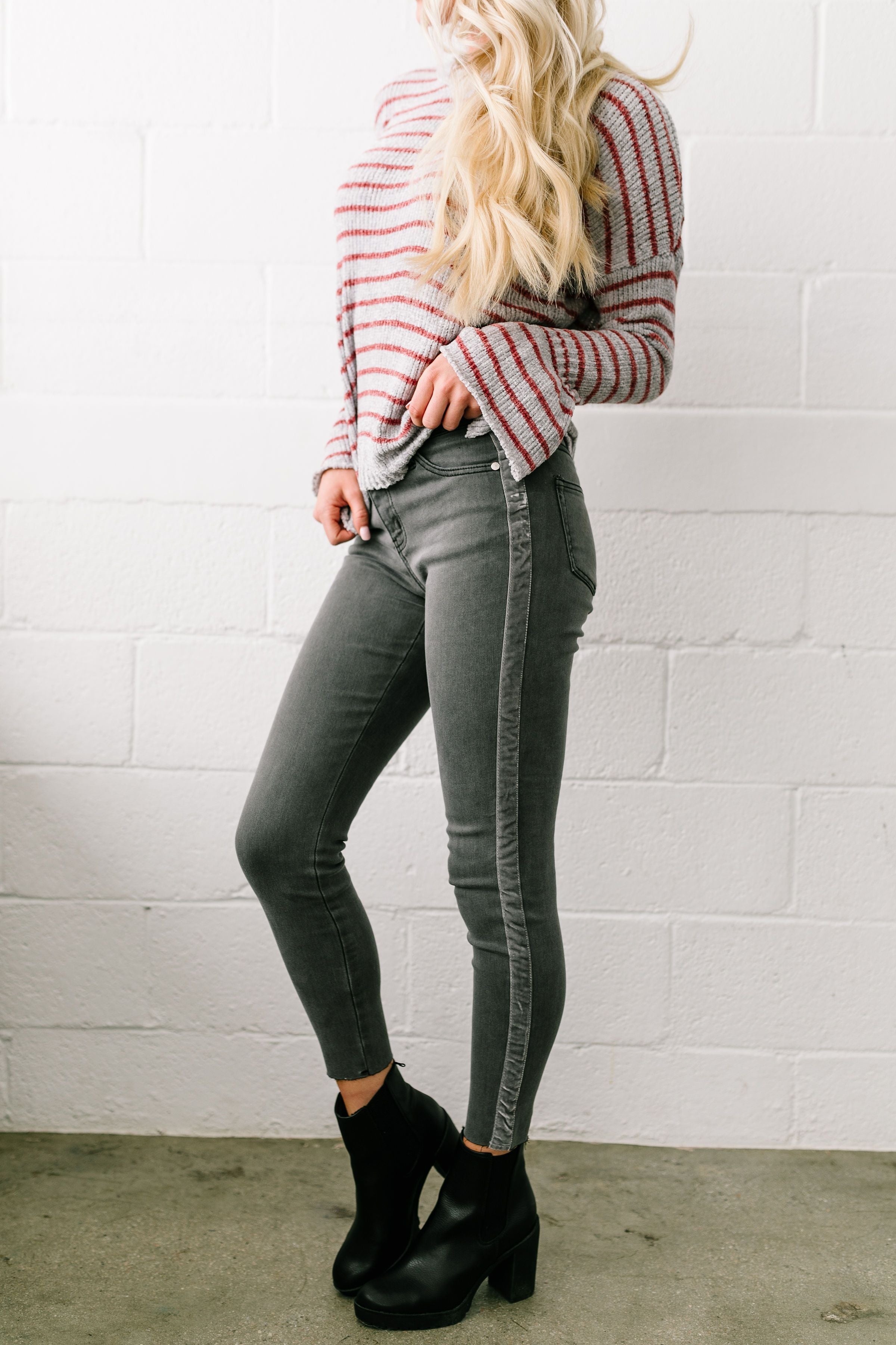 Las Velvet Strip Dark Gray Skinny Jeans - ALL SALES FINAL