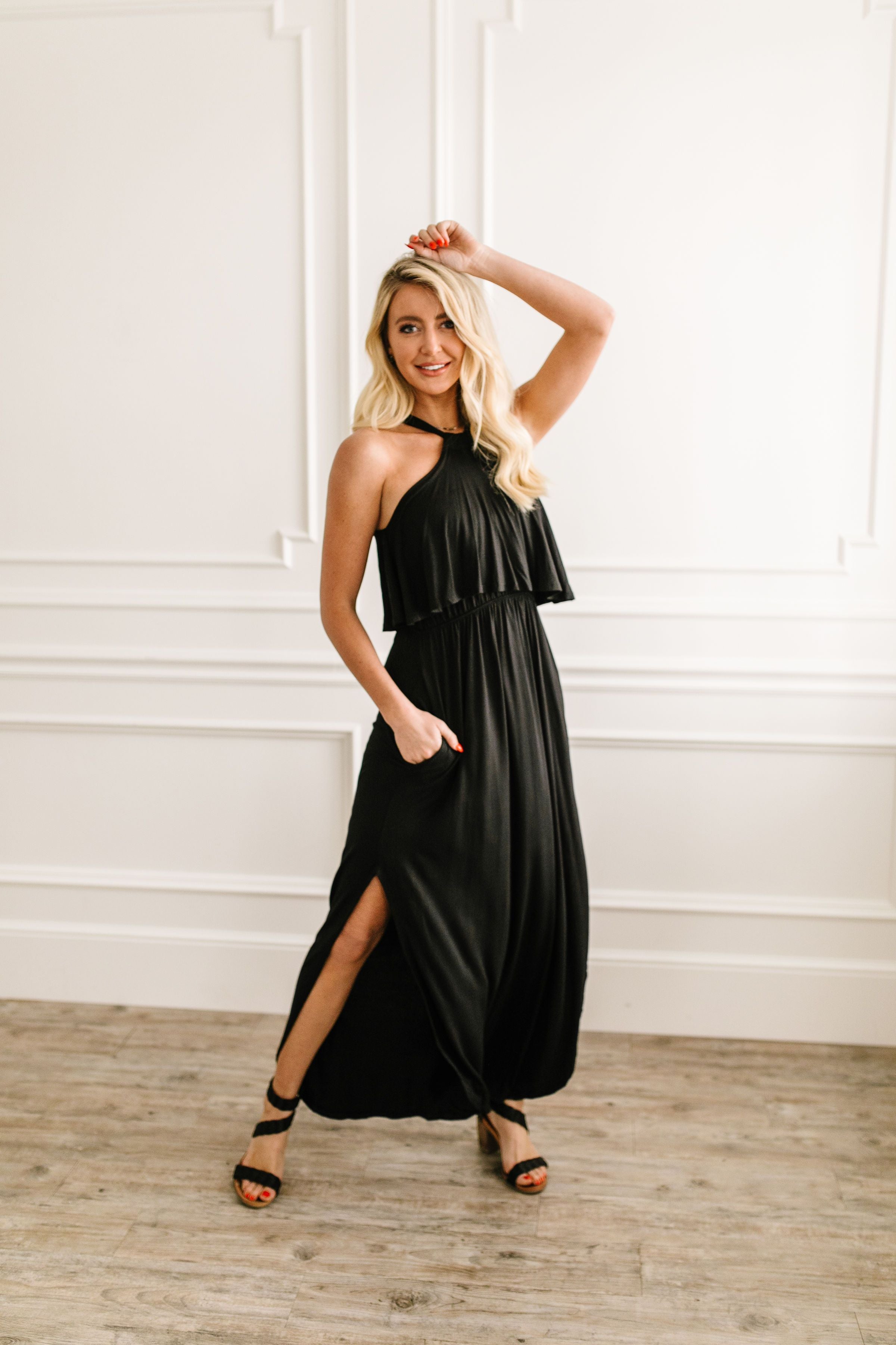 Layered Halter Maxi In Black