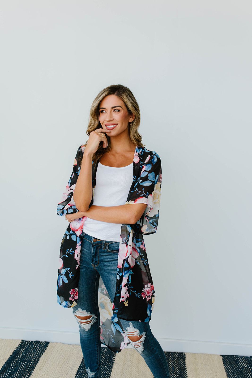 Lightweight Floral Kimono In Black