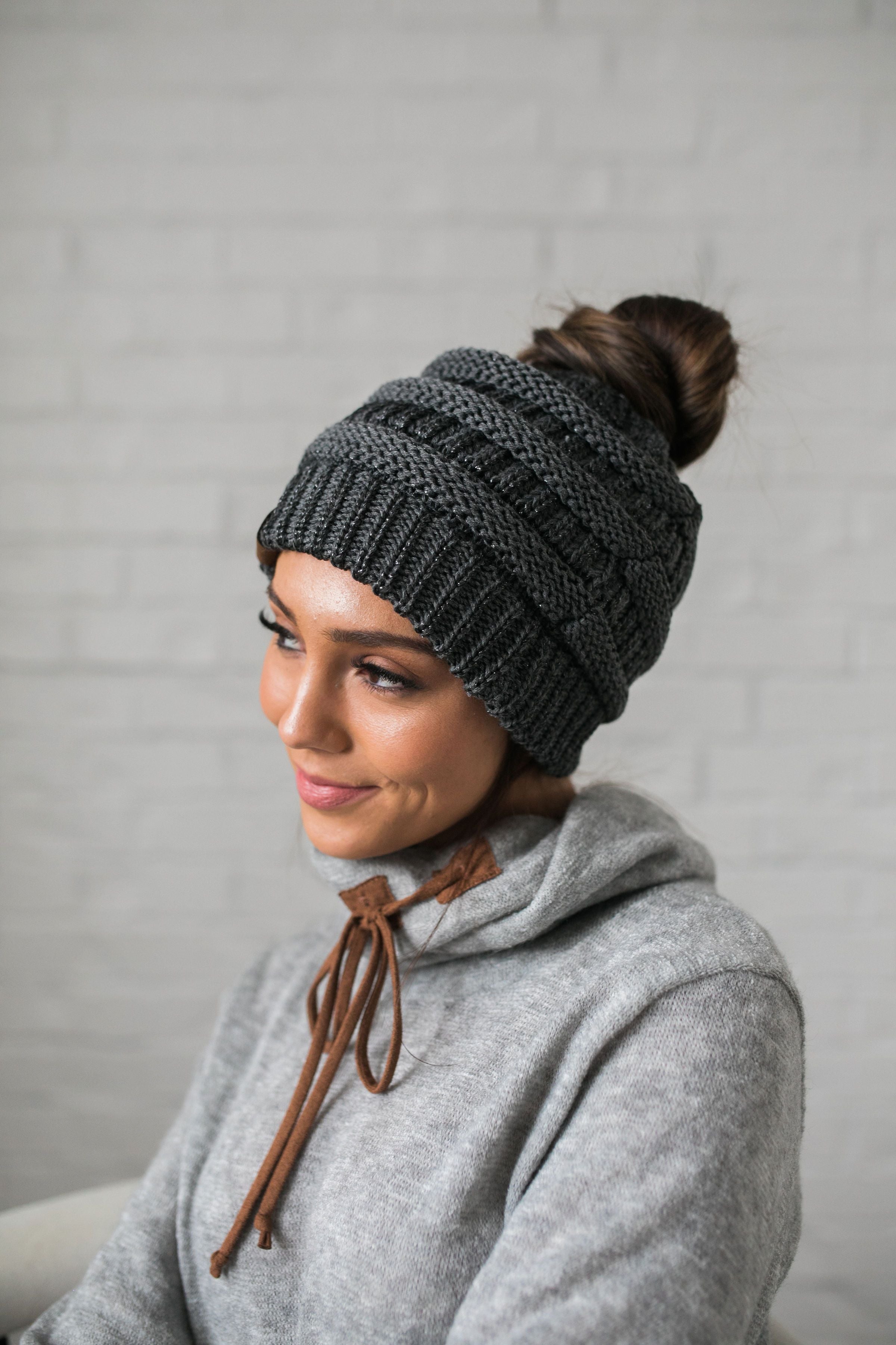 Messy Bun Metallic Beanie In Metallic Gray