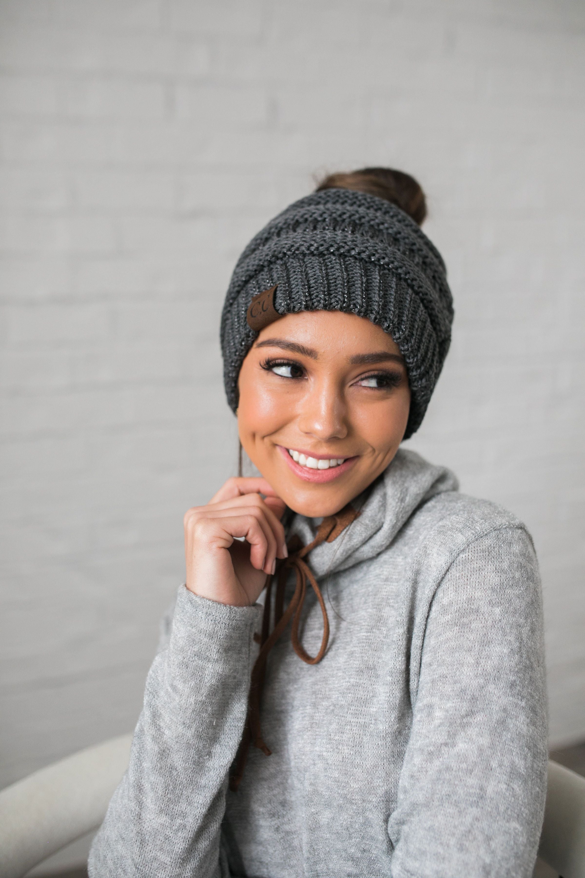 Messy Bun Metallic Beanie In Metallic Gray