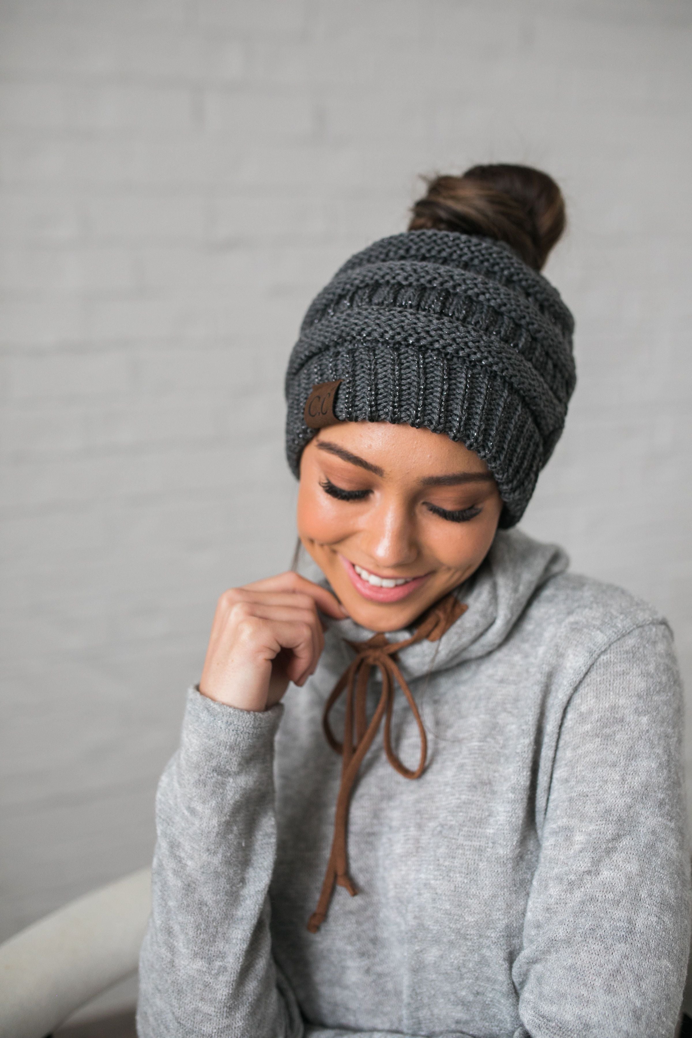 Messy Bun Metallic Beanie In Metallic Gray