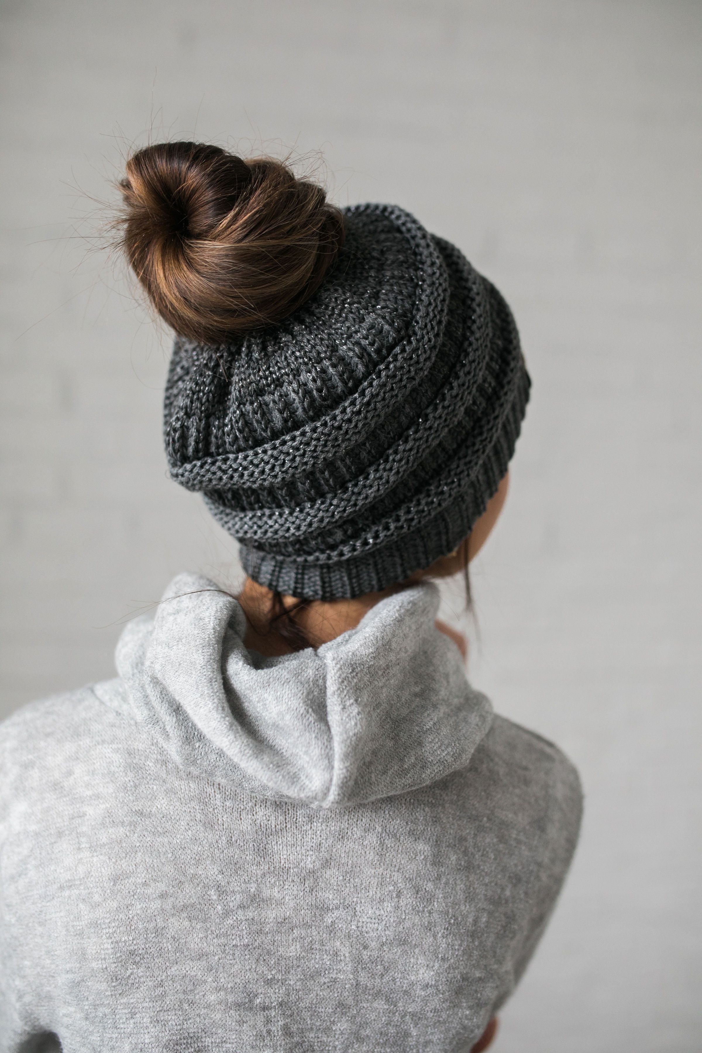 Messy Bun Metallic Beanie In Metallic Gray