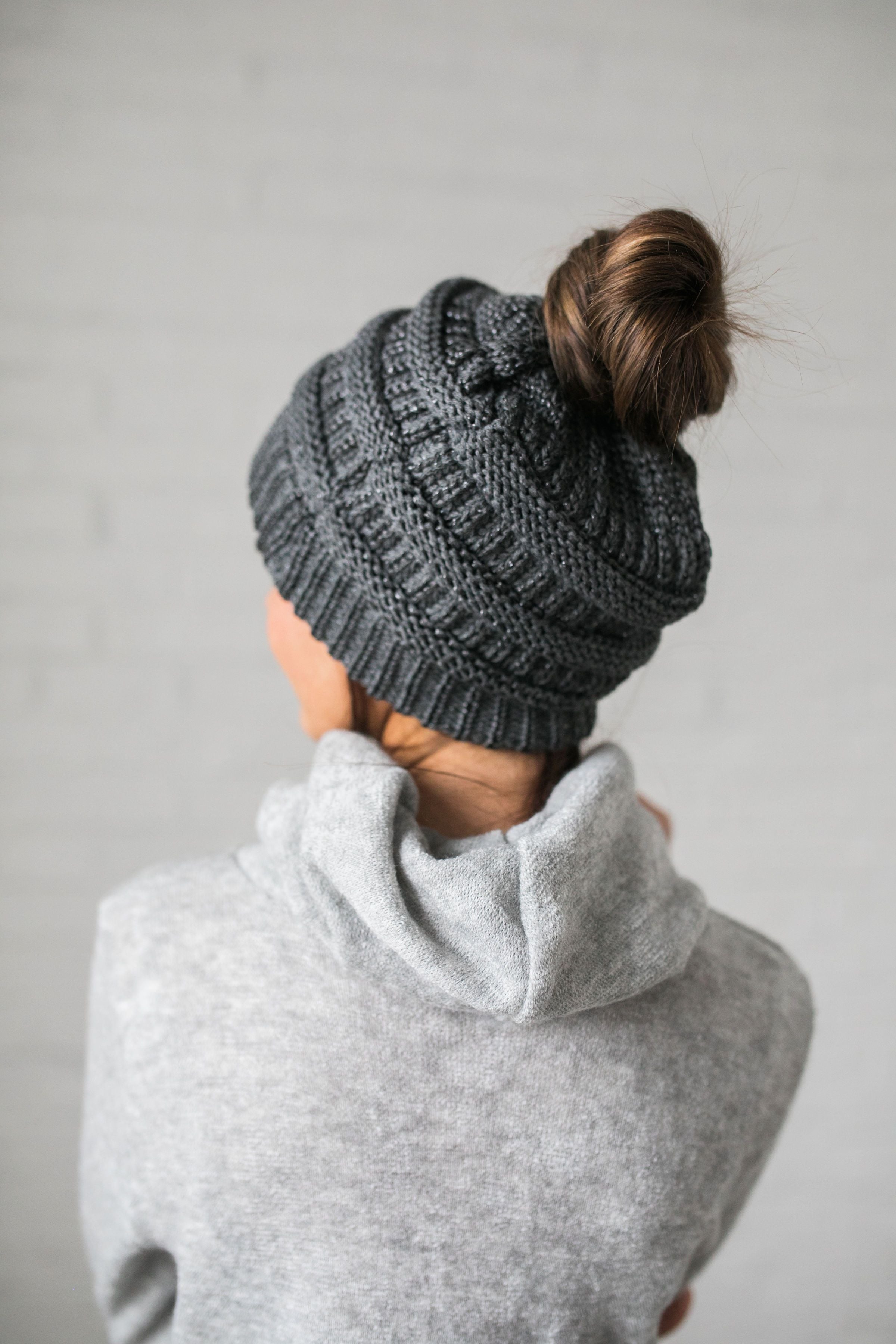 Messy Bun Metallic Beanie In Metallic Gray