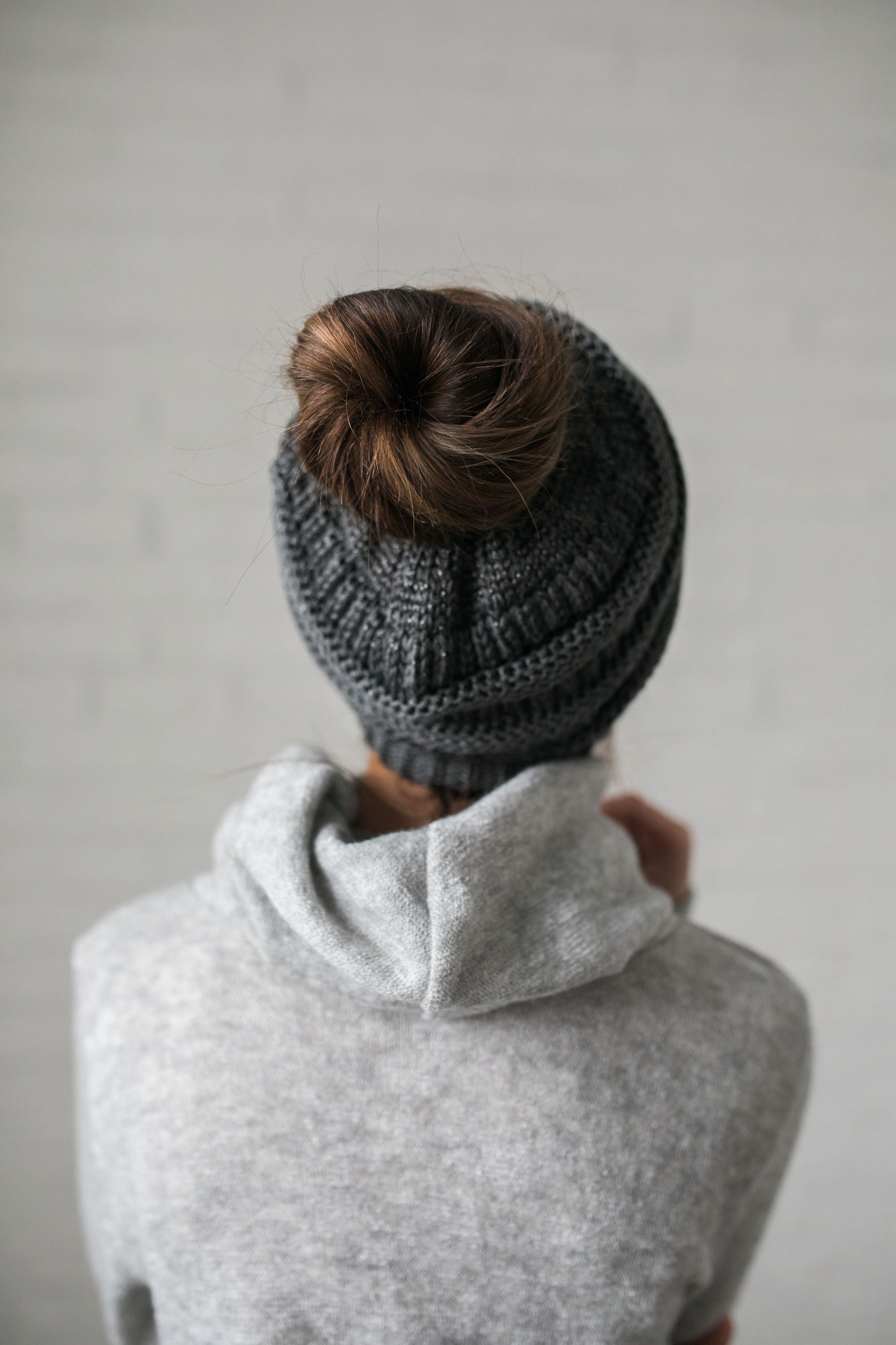 Messy Bun Metallic Beanie In Metallic Gray