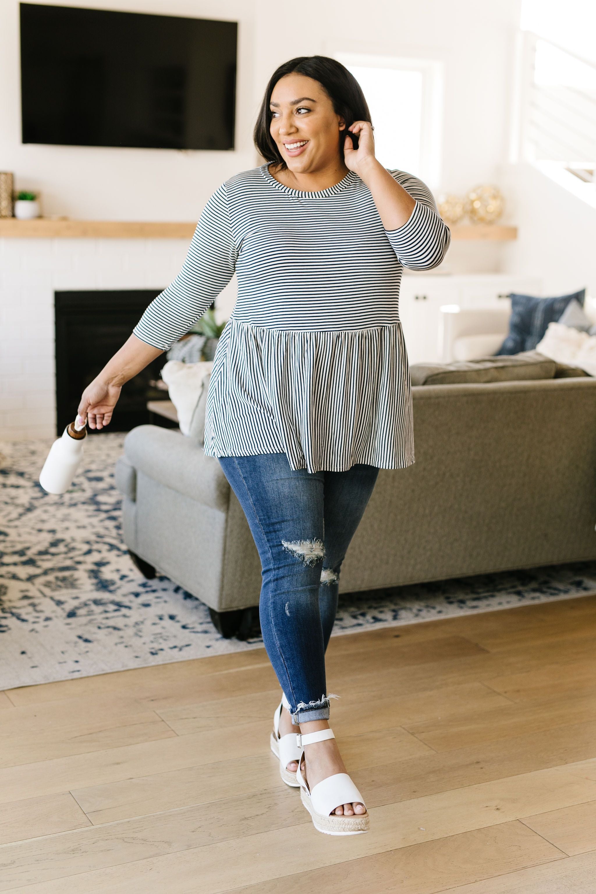 Mini Striped Babydoll Top In Navy