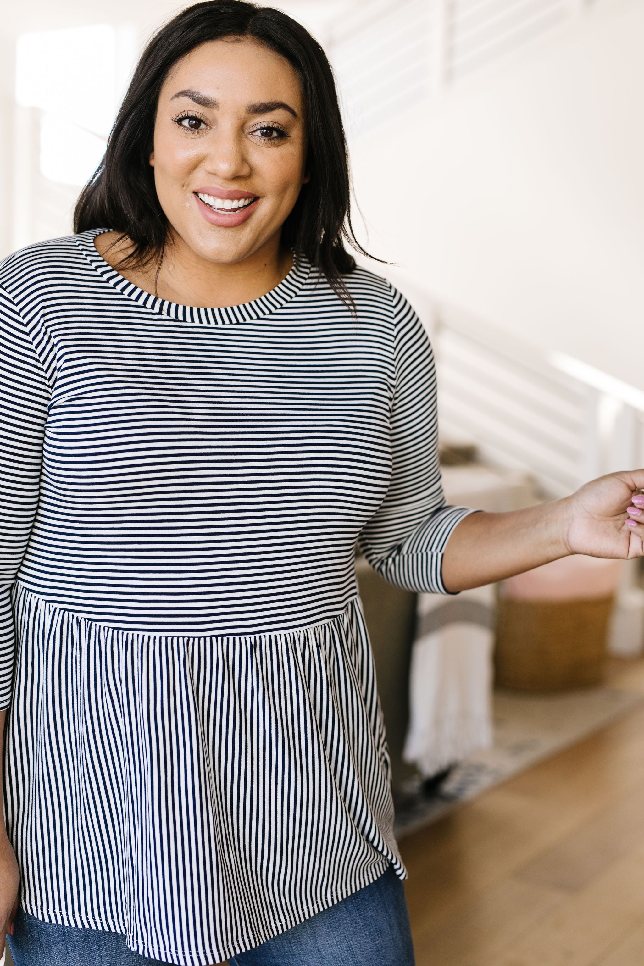 Mini Striped Babydoll Top In Navy