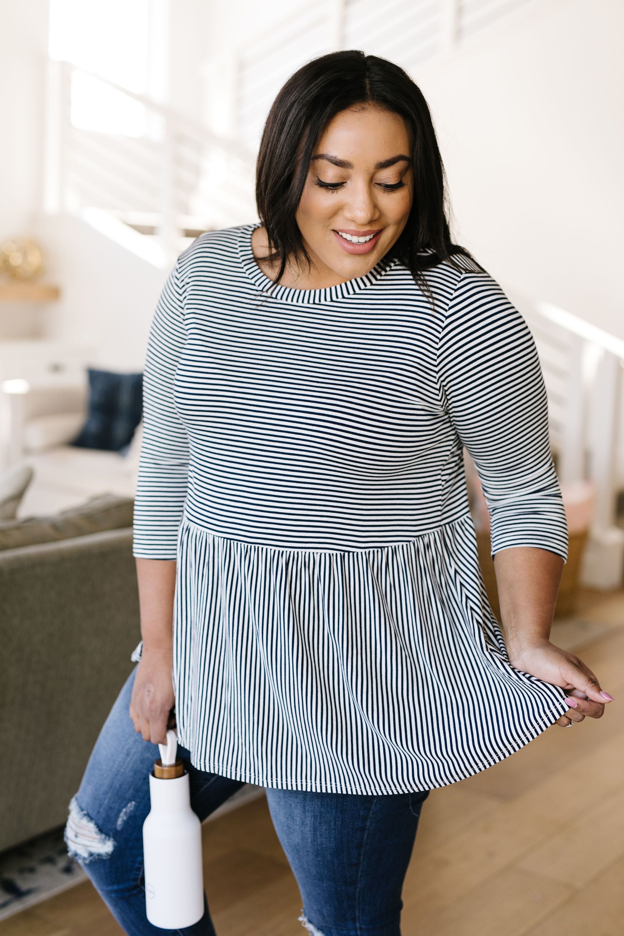 Mini Striped Babydoll Top In Navy