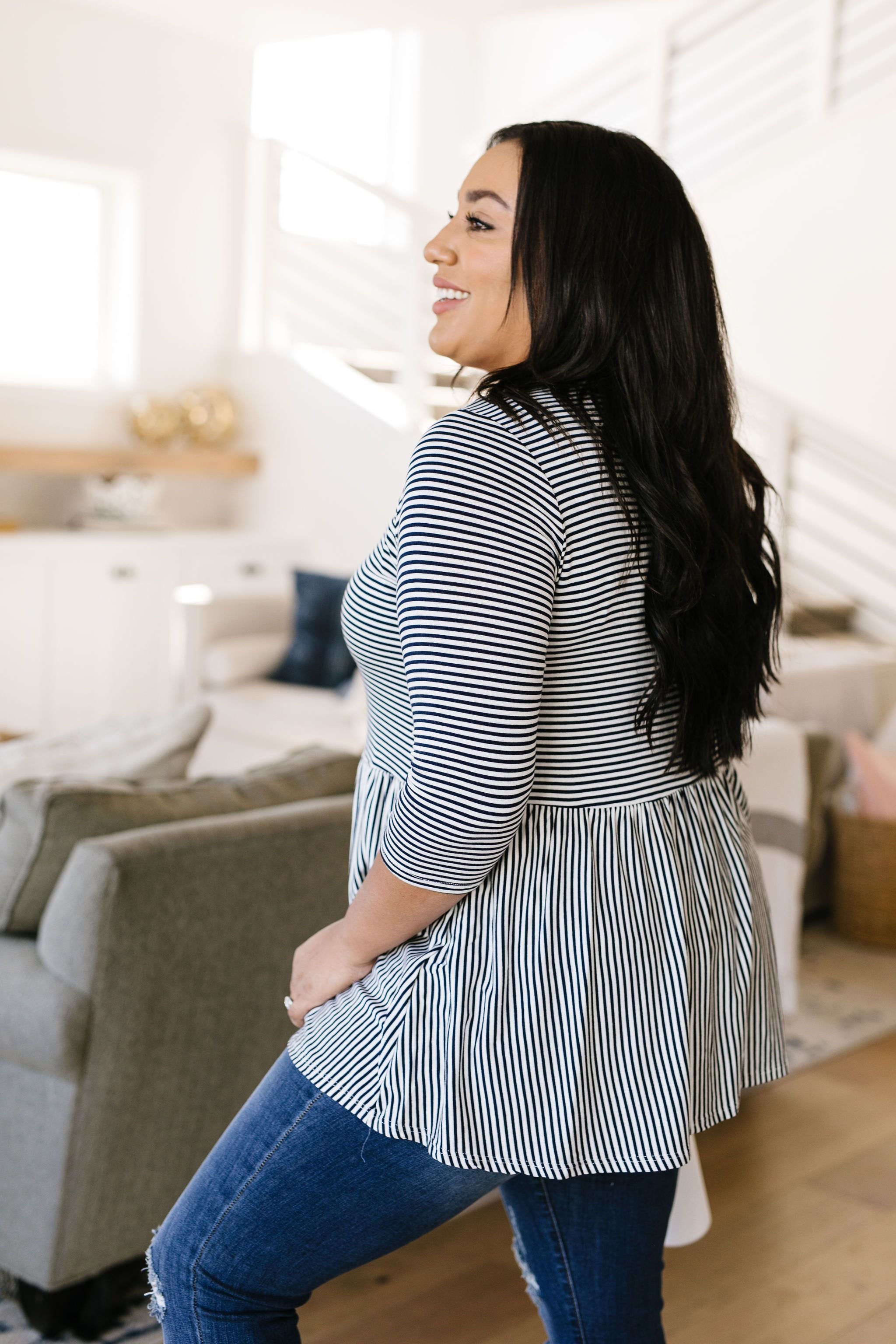 Mini Striped Babydoll Top In Navy