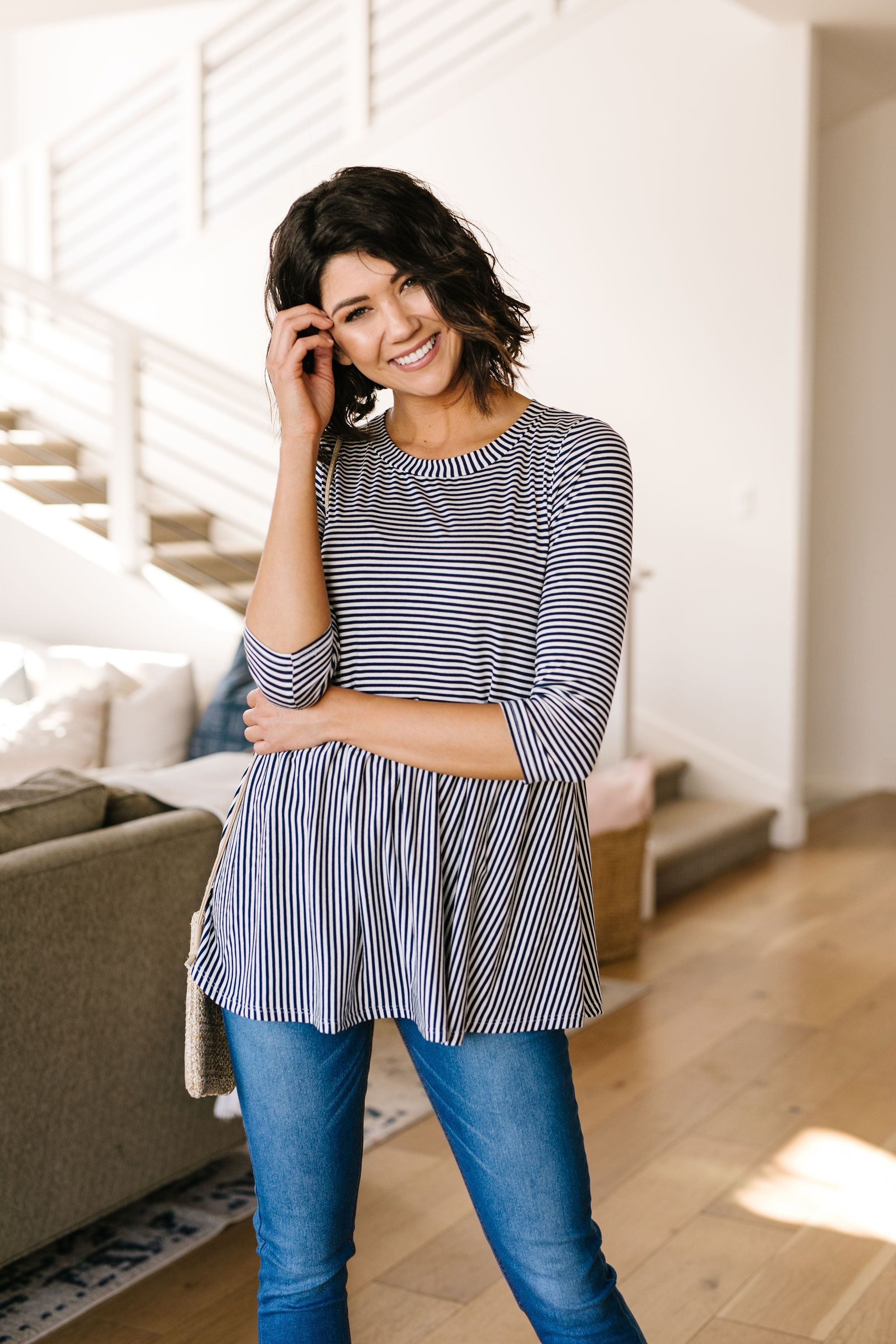 Mini Striped Babydoll Top In Navy