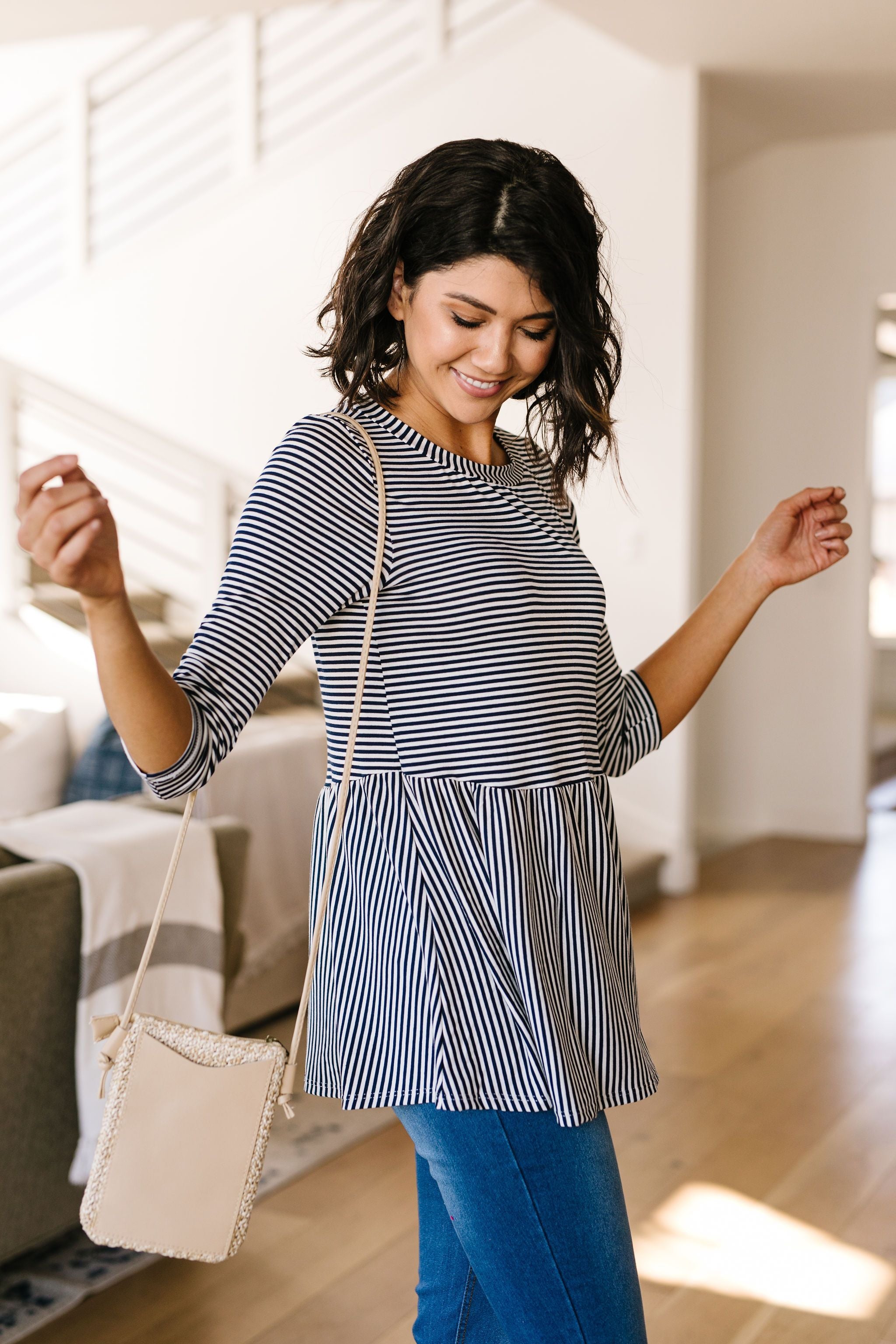 Mini Striped Babydoll Top In Navy