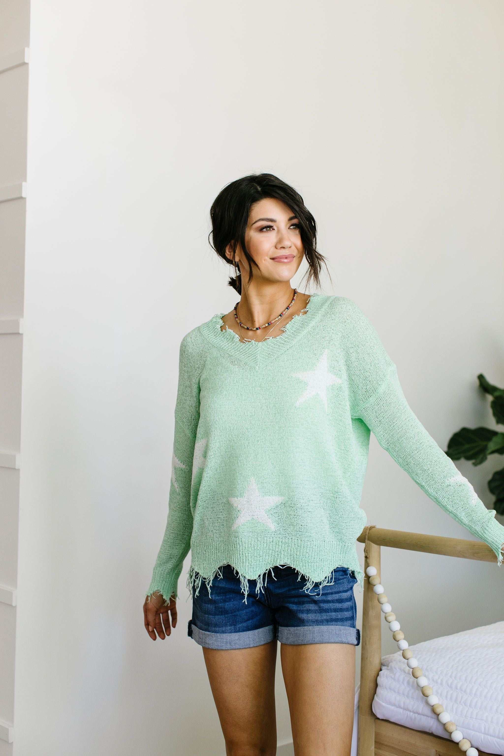 Minty Destroyed Star Sweater