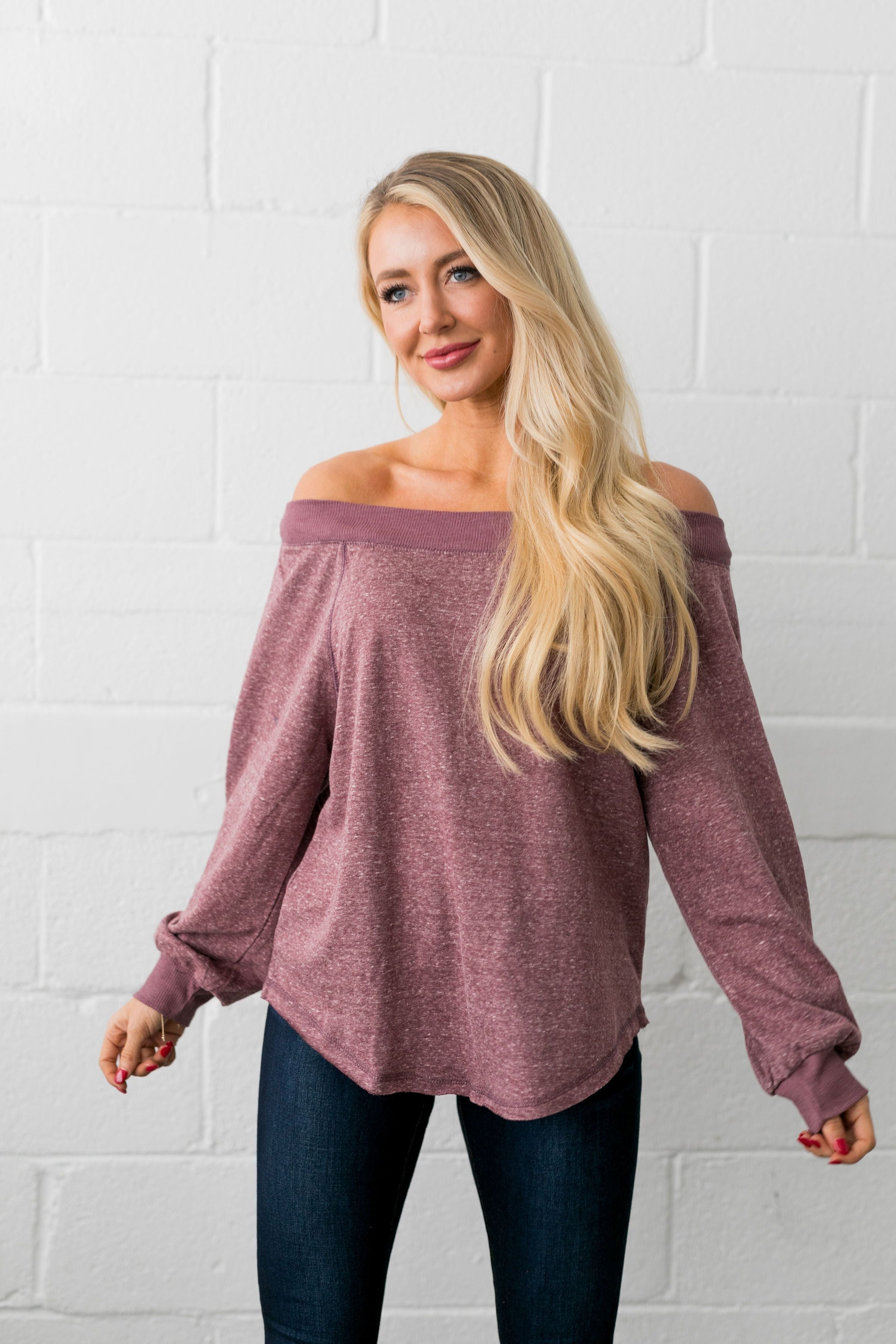 Monica Off The Shoulder Top In Heathered Mauve - ALL SALES FINAL